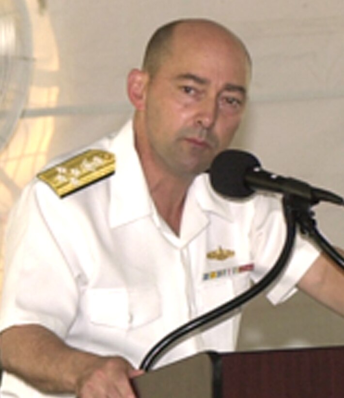 Navy Adm. James Stavridis, commander of U.S. Southern Command, shares his command philosophy with members of SOUTHCOM during an All Hands Call, Oct. 20. He urged everyone throughout the command to embody civility, quiet confidence, creativity, teamwork and collaboration, determination, and honesty and integrity. Photo by Chief Petty Officer Christopher Sherwood, USN