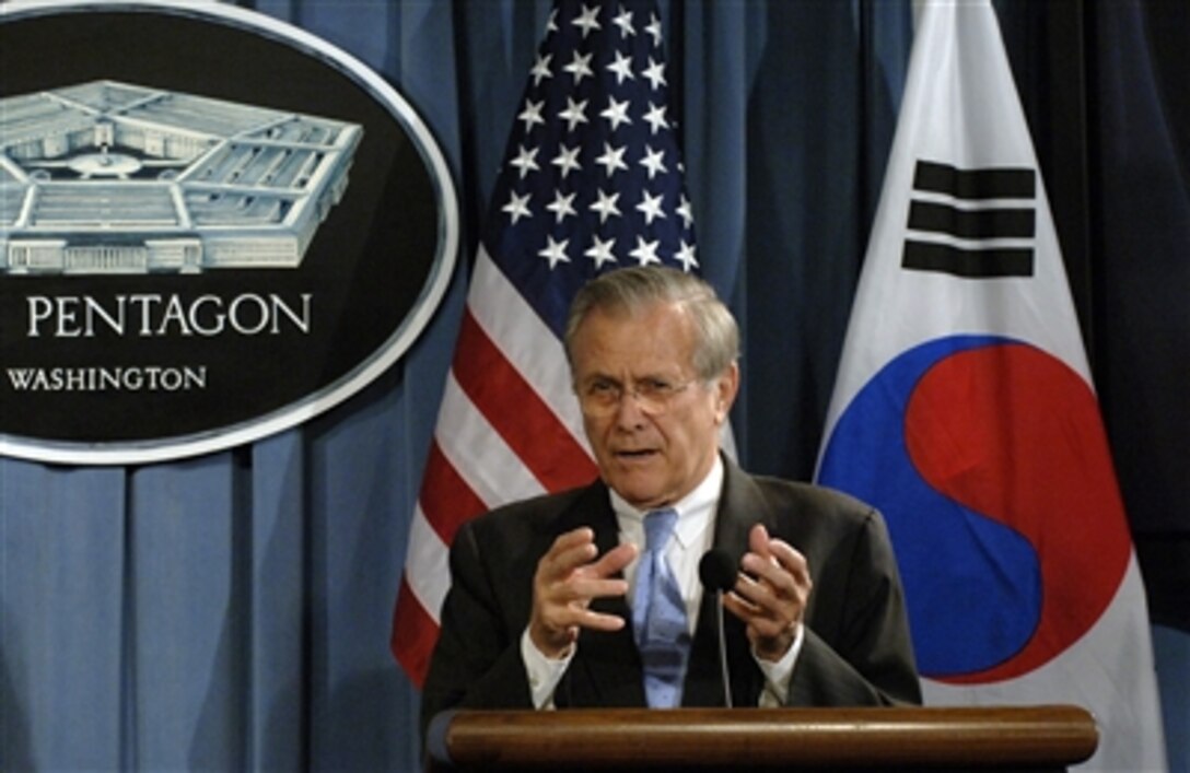 Secretary of Defense Donald H. Rumsfeld responds to a reporter's question at a  joint press briefing in the Pentagon, Oct. 20, 2006, following the conclusion of the 38th Annual U.S.-Republic of Korea Security Consultative Meeting.
