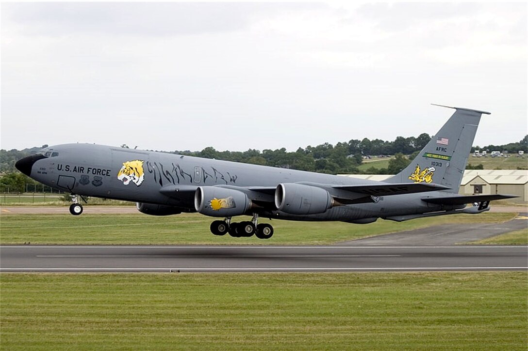 The KC-135R Stratotanker takes off from Seymour Johnson AFB, NC and heads for Fairford, England where the Royal International Air Tattoo 2005 was held. The KC-135R provides aerial refueling on a global scale. (Air Force Photo by Tech Sgt. John Payne)