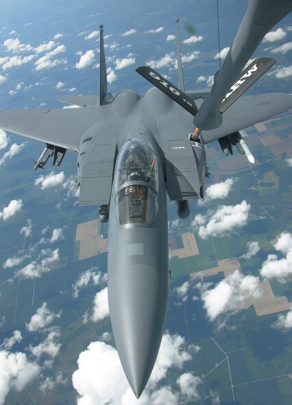 An F-15E Strike Eagle gets refueled by a KC-135R Stratotanker from the 916th Air Refueling Wing at Seymour Johnson, AFB, NC