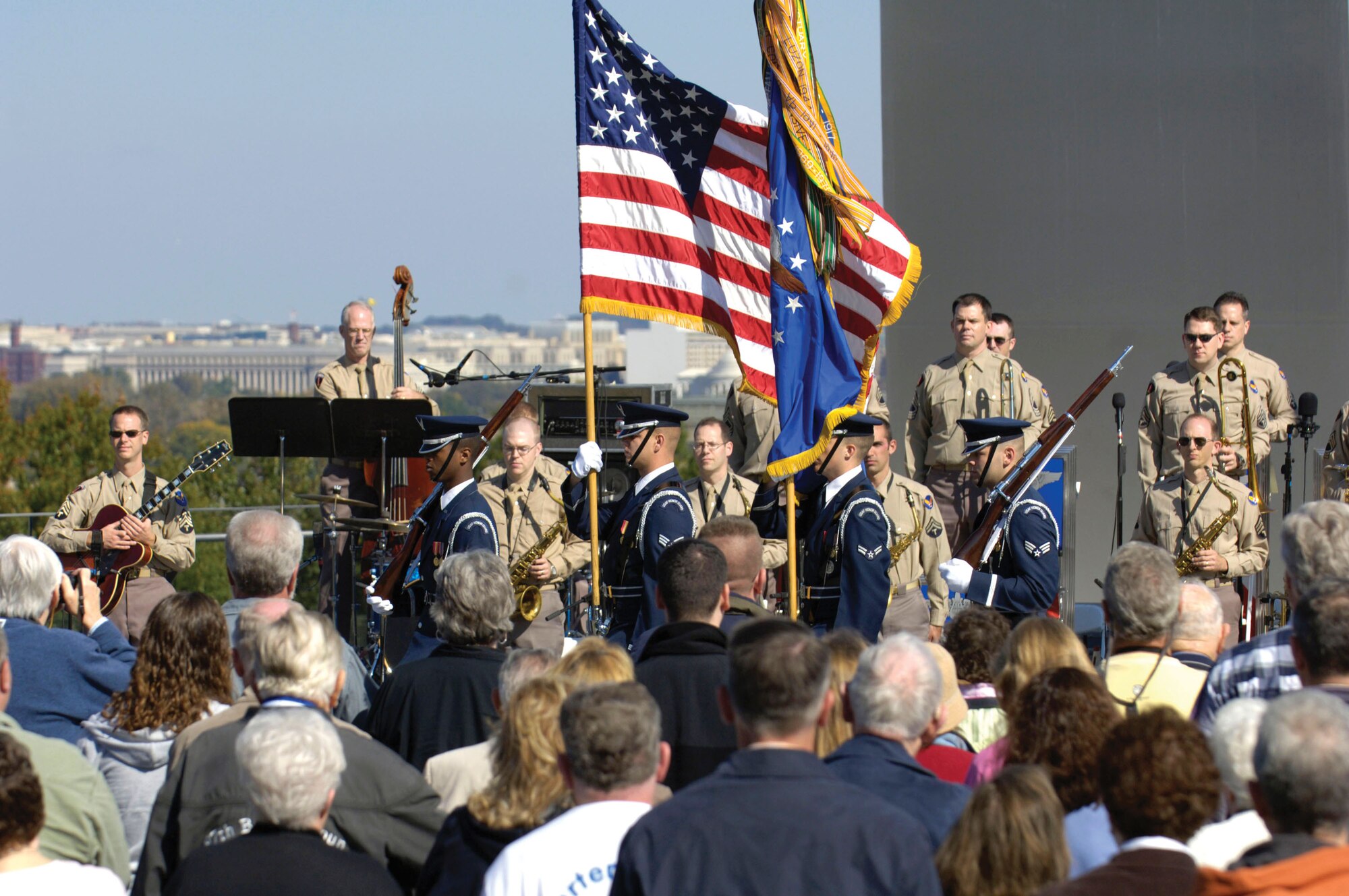 The Air Force Honor Guard performs the "Colors" ceremony to open a concert by the U.S. Air Force Band's Airmen of Note held at the new Air Force Memorial in Arlington, Va., Oct. 21.  This was the band's first official concert at the new memorial.  (U.S. Air Force photo/Tech. Sgt. Cohen Young)