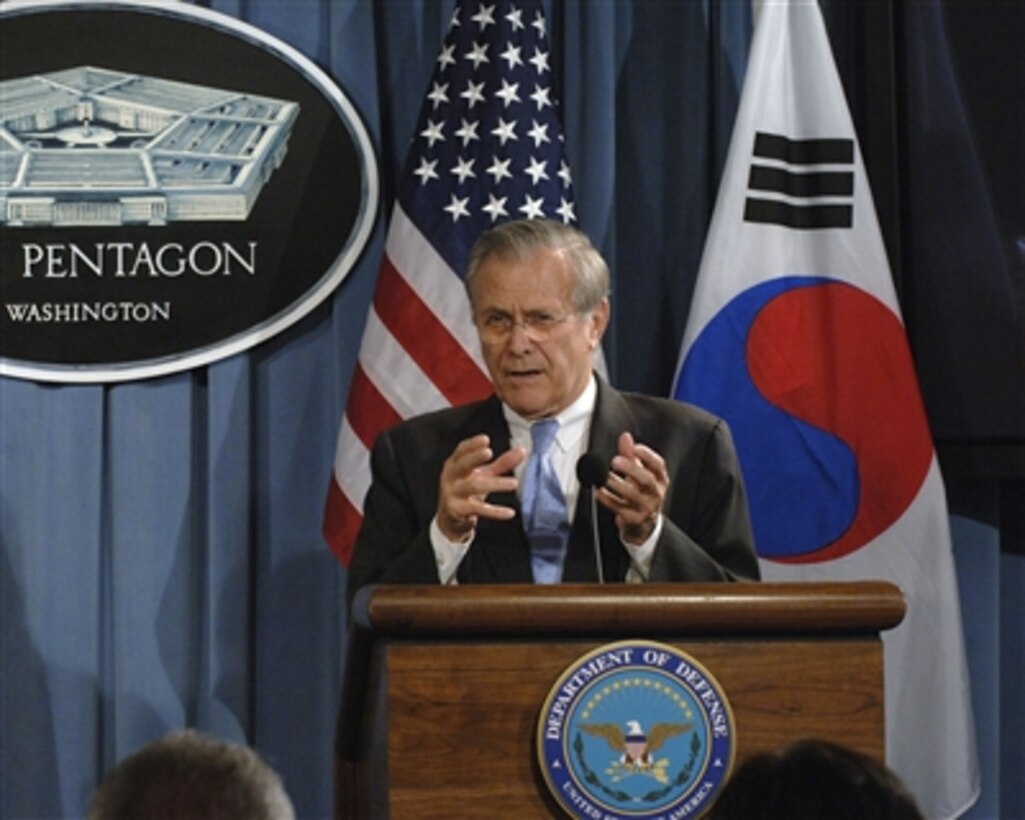 Secretary of Defense Donald H. Rumsfeld responds to a reporter's question during a joint press briefing with Republic of Korea Minister of National Defense Yoon Kwang at the Pentagon on Oct. 20, 2006.  The briefing followed the conclusion of the 38th Annual U.S.-ROK Security Consultative Meeting.  