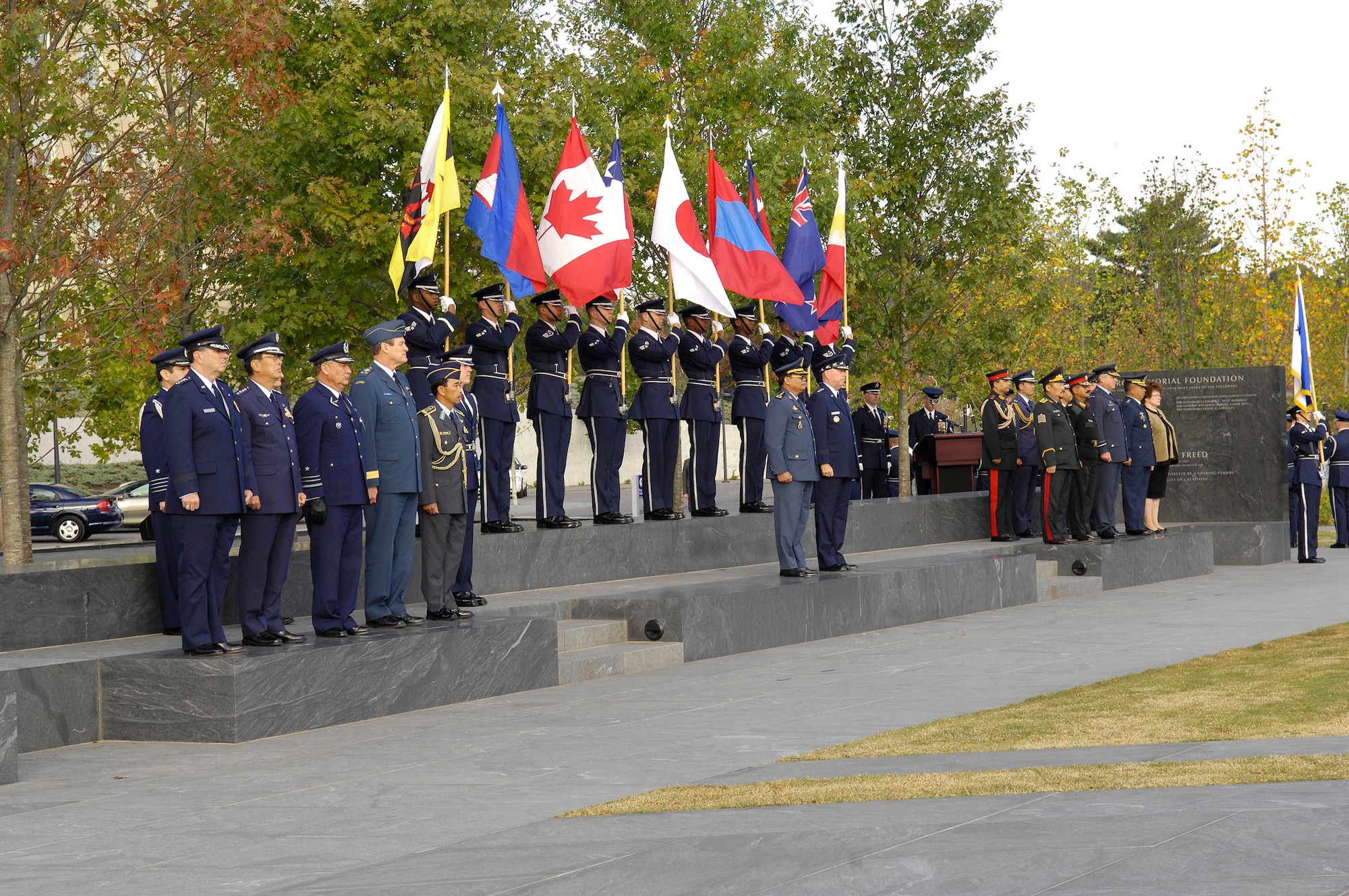 Air Force Chief of Staff Gen. T. Michael Moseley and Lt. Gen. Soeung Samnang, Cambodian Royal Air Force commander, attend a a foreign dignitary arrival and wreath-laying ceremony at the Air Force Memorial in Arlington, Va., on Tuesday, Oct. 24. The Pacific air chiefs from nine countries attended the event with Gen. Samnang representing them when he assisted General Moseley in the inspection of the troops. (U.S. Air Force photo/Senior Airman Desiree Andrejcik)
