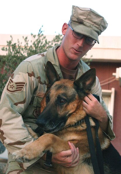 Military working dog handler Staff Sgt. Morgan Maul, with Ajax, during their six-month deployment at Kirkuk Air Base, Iraq. During their time together, assigned to the U.S. Army's 25th Infantry Division, they helped Soldiers track down enemy weapons, detect bombs and operate combat patrols. (U.S. Air Force photo) 
