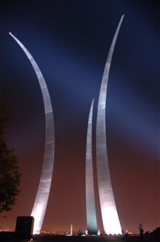 The stainless steel spires of the U.S. Air Force Memorial soar in the night sky in Arlington, Va., on Oct. 18, 2006.  The memorial pays tribute to and honors the patriotic men and women of the U.S. Air Force and its predecessor organizations.  