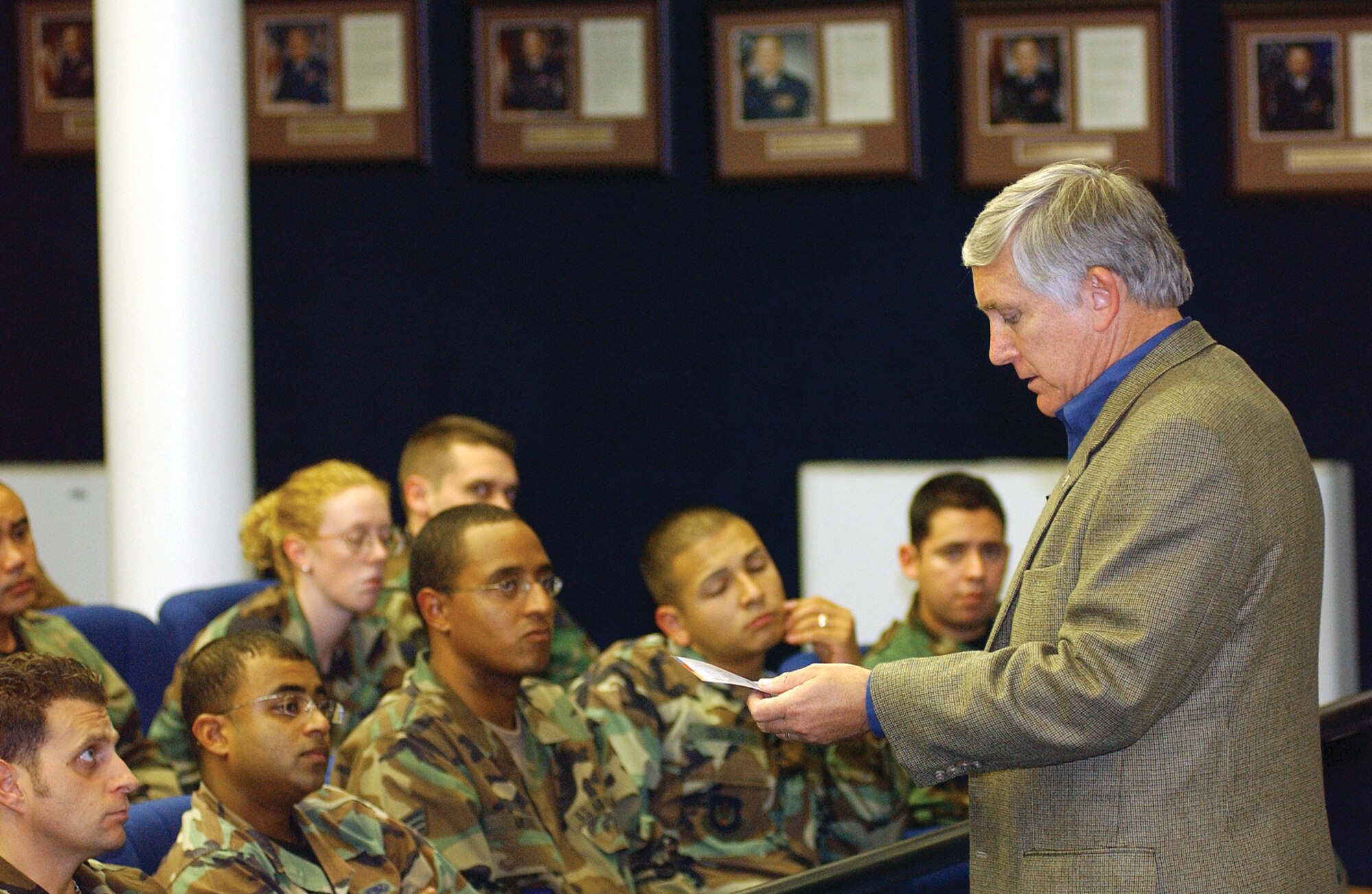 Mr. Bob Largent speaks at the Airman Leadership School during his visit to Aviano Air Base, Italy, Oct 25, 2006.  Mr. Largent, Air Force Association chairman of the board, visited Aviano to spend time with Airman and get a view of how the force is doing.  (U.S. Air Force photo/Airman 1st Class Liliana Moreno)
