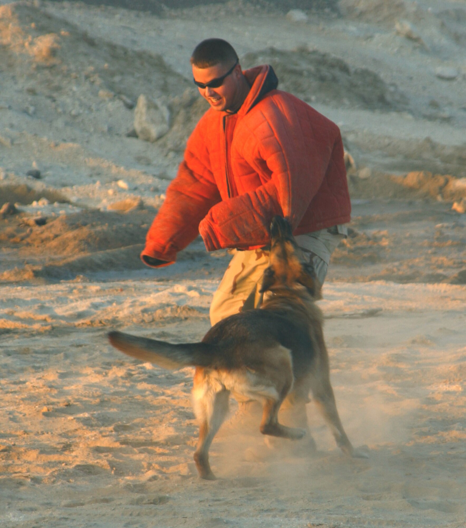 Wearing a red "marshmallow" training suit, Senior Airman Nathan Wogan takes a bite from Exa during a military working dog demonstration Oct. 21. Airman Wogan and Exa are assigned to the 380th Expeditionary Security Forces Squadron at this deployed location in Southwest Asia where working dog teams provide security for the largest air refueling fleet in the theater. (U.S. Air Force photo/Master Sgt. Jason Tudor)