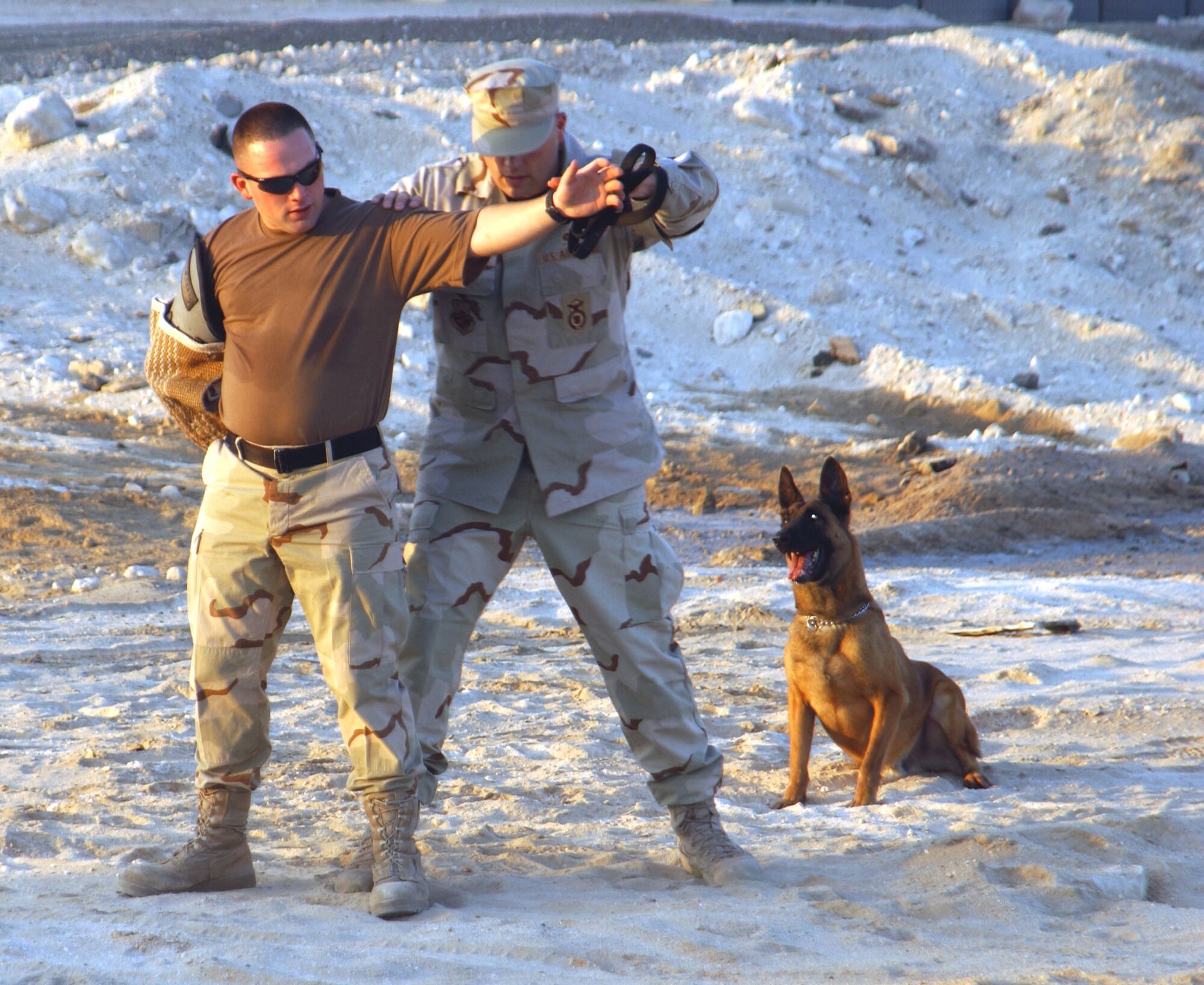 Senior Airman Alexander Colon is searched by Tech. Sgt. Keith Crowder while Endy stands by to assist during a military working dog demonstration Oct. 21.  Airman Colon, Sergeant Crowder and Endy are assigned to the 380th Expeditionary Security Forces Squadron at this deployed location in Southwest Asia where working dog teams provide security for the largest air refueling fleet in the theater. (U.S. Air Force photo/Master Sgt. Jason Tudor)