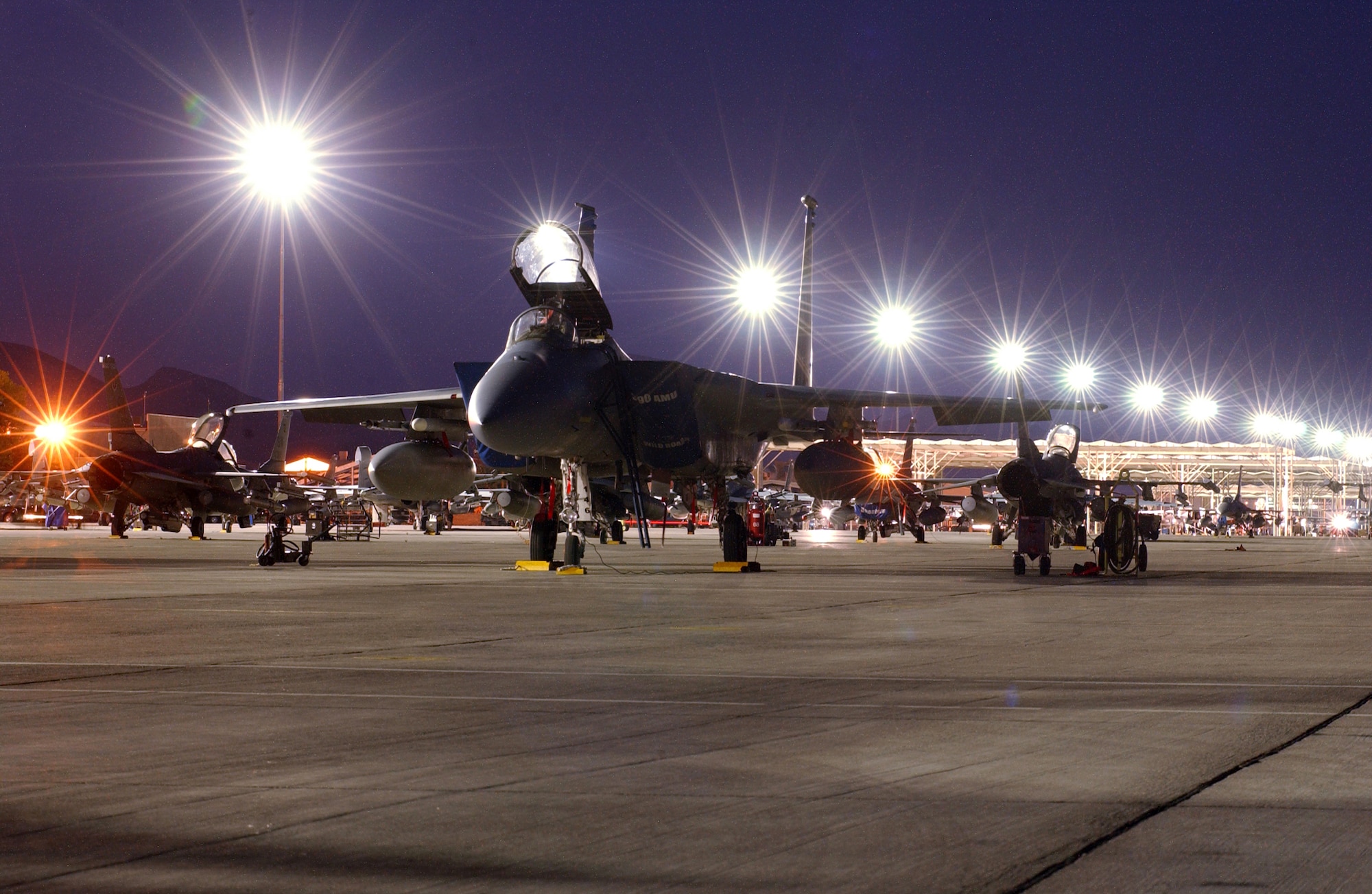 F-15 Eagles and F-16 Fighting Falcons await night missions at Nellis Air Force, Nev., Oct 19. The Red Flag exercise ended flying operations Oct. 20. The U.S. Air Force Weapons School continues to ramp up its training flights as it prepares for the integration and mission employment phases in November and early December. The next Green Flag exercise begins Nov. 2, which sees Air Force fighters and bombers supporting large-scale Army training at Fort Irwin, Calif. The next Red Flag exercises in January and February will feature the first appearance of the F-22A Raptor in the world's most realistic large-force aerial combat training. (U.S. Air Force photo by Airman First Class Brian Ybarbo)

 
