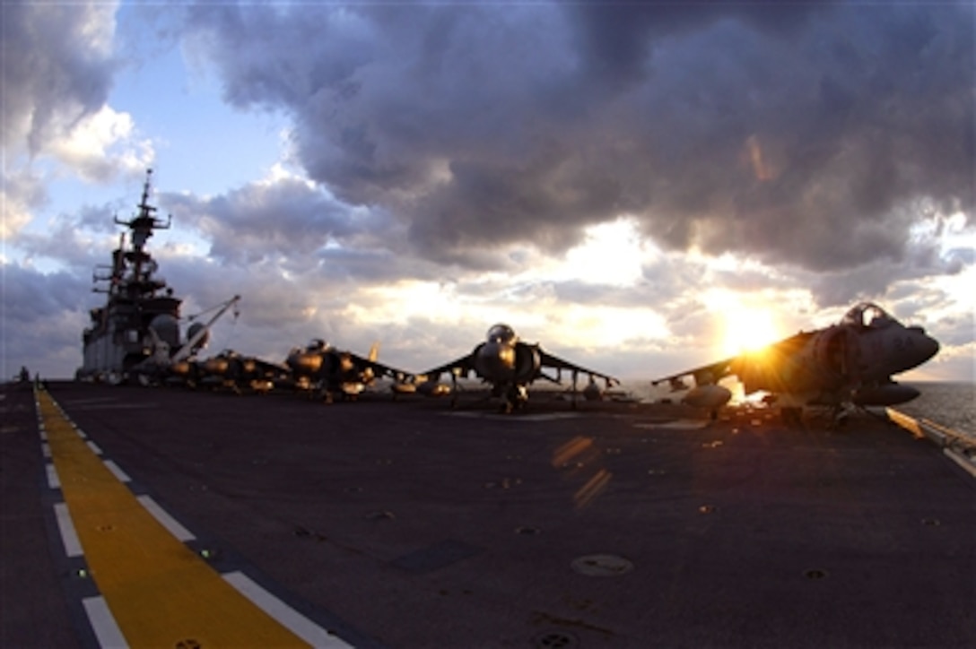 AV-8B Harriers line the flight deck of amphibious assault ship USS Bataan as the ship sails in the Atlantic Ocean during a composite training unit exercise in preparation for the ship's upcoming regularly scheduled deployment, Oct. 23, 2006. 