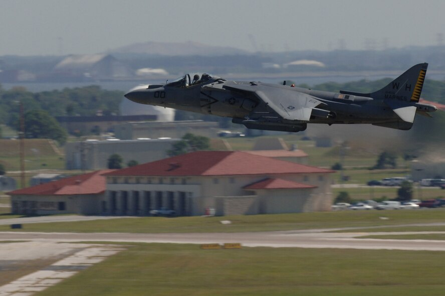A Marine AV-8 Harrier takes off from MacDill Air Force Base, Fla., for an Atlantic Strike exercise mission Oct. 24.  The fighter, from Marine Corps Air Station Cherry Point, N.C., was at MacDill for the U.S. Central Command bi-annual Atlantic Strike training event.  Through realistic close-air support training, Atlantic Strike is designed to better prepare aircrews and Air Force joint tactical air controllers for deployments.  (U.S. Air Force photo/Senior Airman Jason Robertson)