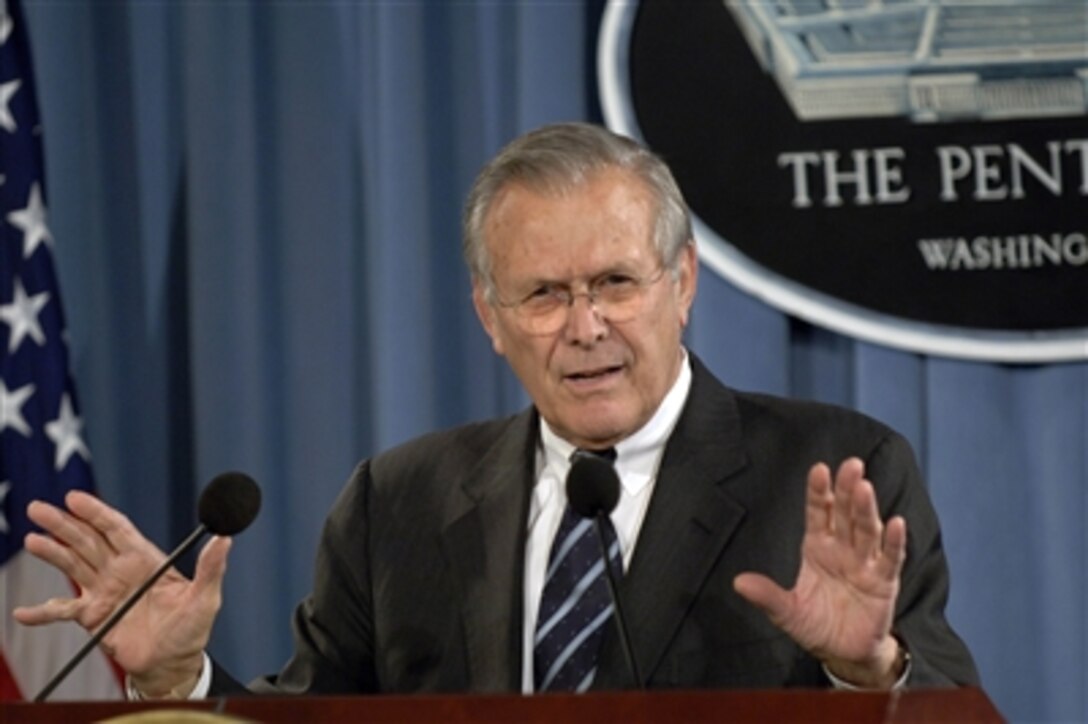 Secretary of Defense Donald H. Rumsfeld gives his remarks during a press conference in the Pentagon on Oct. 26, 2006.  Rumsfeld talked about how the U.S. military continues to adapt to changing circumstances on the ground as it works with coalition partners and the Iraqis to confront terrorists and help build up the Iraqi government. 