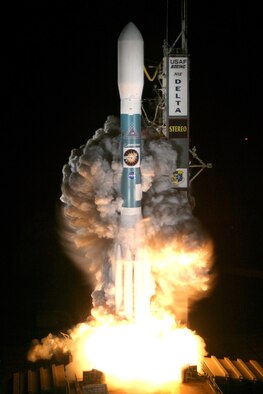 A Boeing Delta II lifts off at 8:52 p.m. Wednesday, Oct. 25 from Launch Pad 17B at Cape Canaveral Air Force Station, Fla. Payload for the mission was NASA's STEREO spacecraft, two NASA observatories on a two-year mission to study solar flares. The 45th Space Wing's support helped ensure public safety and mission success via radar, telemetry, communications and meteorological systems. (Boeing photo by Carleton Bailie)