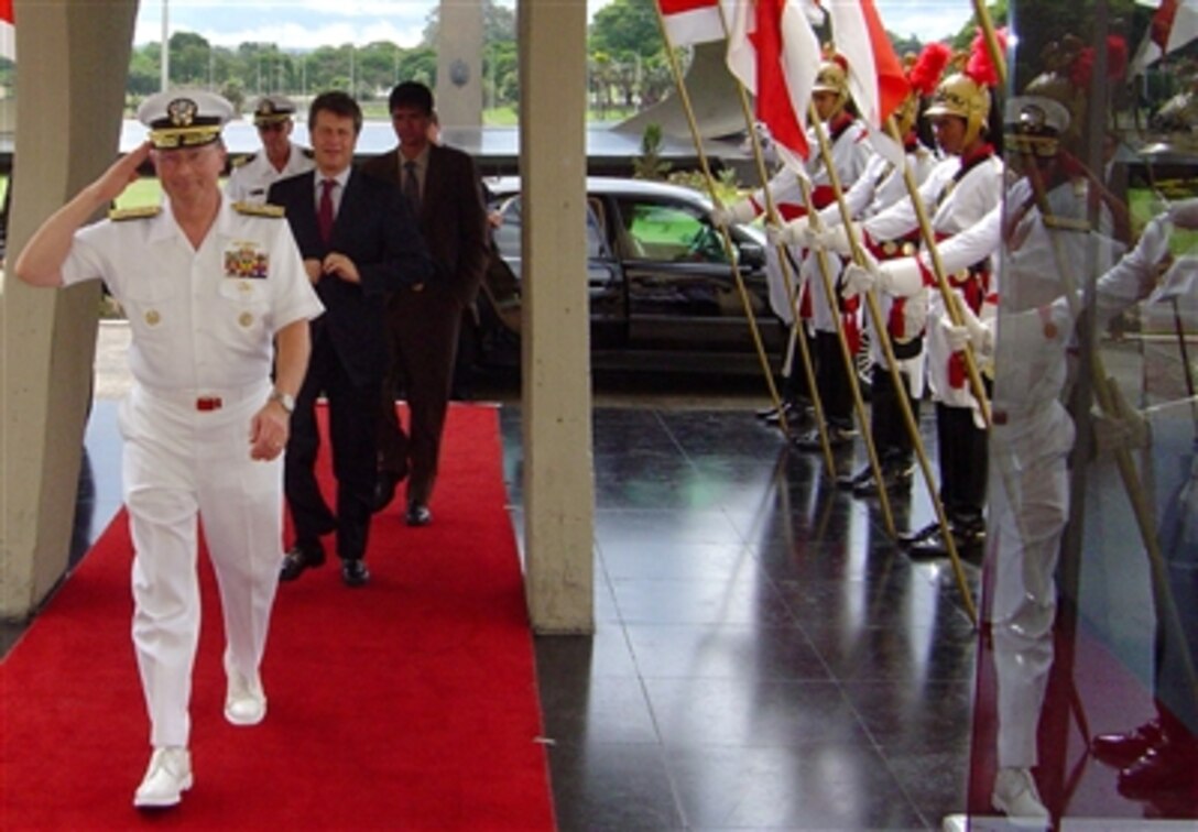 Vice Chairman of the Joint Chiefs of Staff Navy Adm. Edmund P. Giambastiani enters the headquarters building for the Brazilian Army in Brasilia, Brazil, Oct. 20, 2006. Giambastiani met with the commander of the Brazilian Army, Gen. Francisco Albuquerqu.