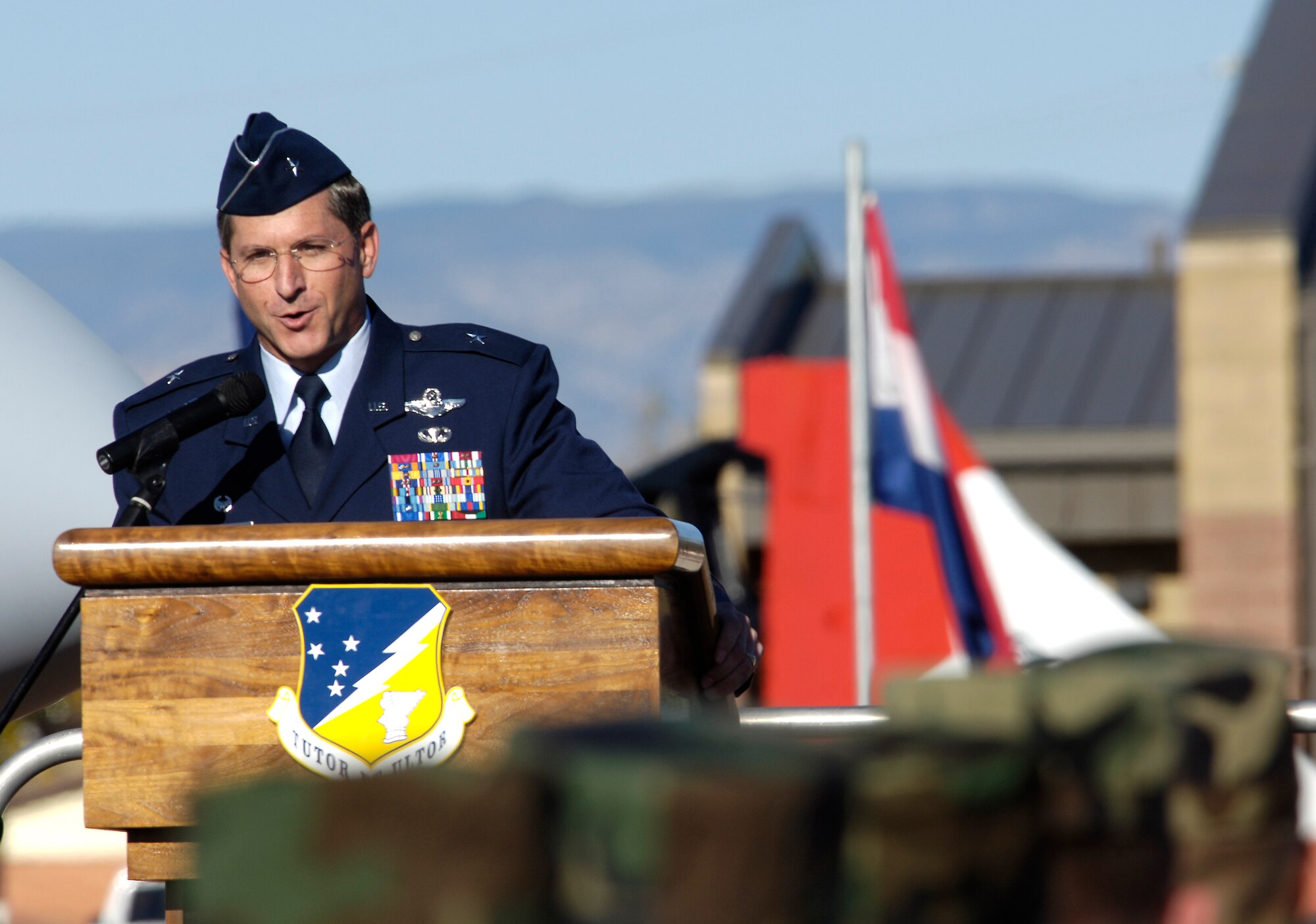 Brig. Gen. David Goldfein speaks at the 25th Anniversary celebration of the F-117 Nighthawk at Holloman Air Force Base, N.M. Many of the people who developed the aircraft and worked on it over the last 25 years attended. General Goldfein is the 49th Fighter Wing commander. (U.S. Air Force photo/Senior Airman Brian Ferguson)