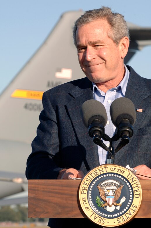 President George W. Bush stopped to give a motivational speech to the troops Oct. 28, 2006 at Charleston Air Force Base, S.C.  President Bush came to South Carolina to thank the Airmen at Charleston AFB for their contributions to the Global War on Terrorism. 

(U.S. Air Force Photo/Airman 1st Class Nicholas Pilch) (RELEASED) 