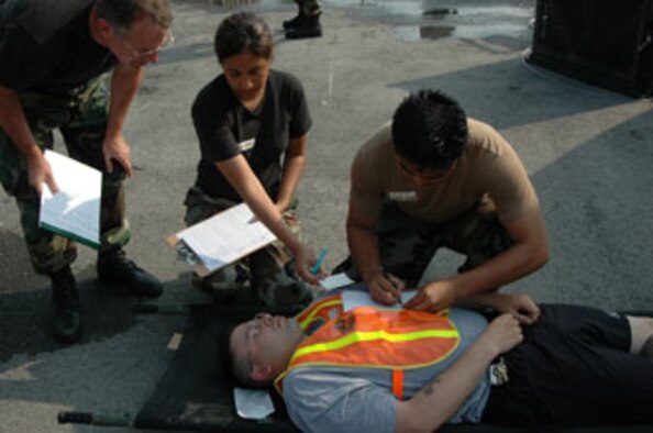 MSgt. Burt Weissman and SrA Melissa Alcantara, 163 Air Refueling Wing from March Air Reserve Base, Calif., complete in-processing paperwork while SrA Raymond Nix performs triage on an active-duty Army person during a joint services Mass Casualty exercise. (U.S. Air Force photo by SSgt. Joseph Prouse, 163 ARW/PA)