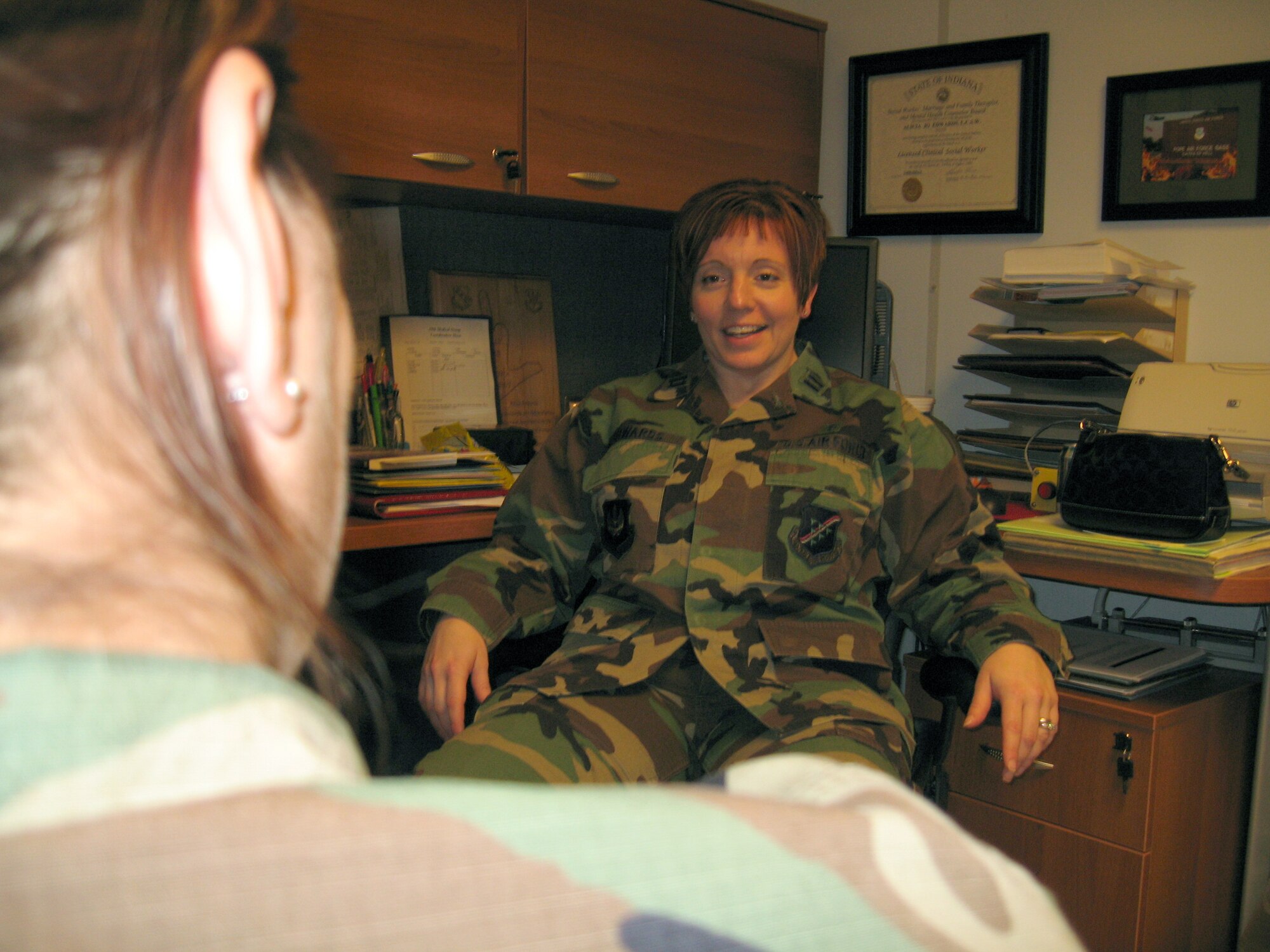 Capt. Alisha Edwards, 39th Medical Group social worker, talks to a patient at the Life Skills Clinic here Oct. 30. In the time of an emotional emergency there are many agencies on base that people can refer to. (U.S. Air Force photo by Senior Airman Patrice Clarke)
