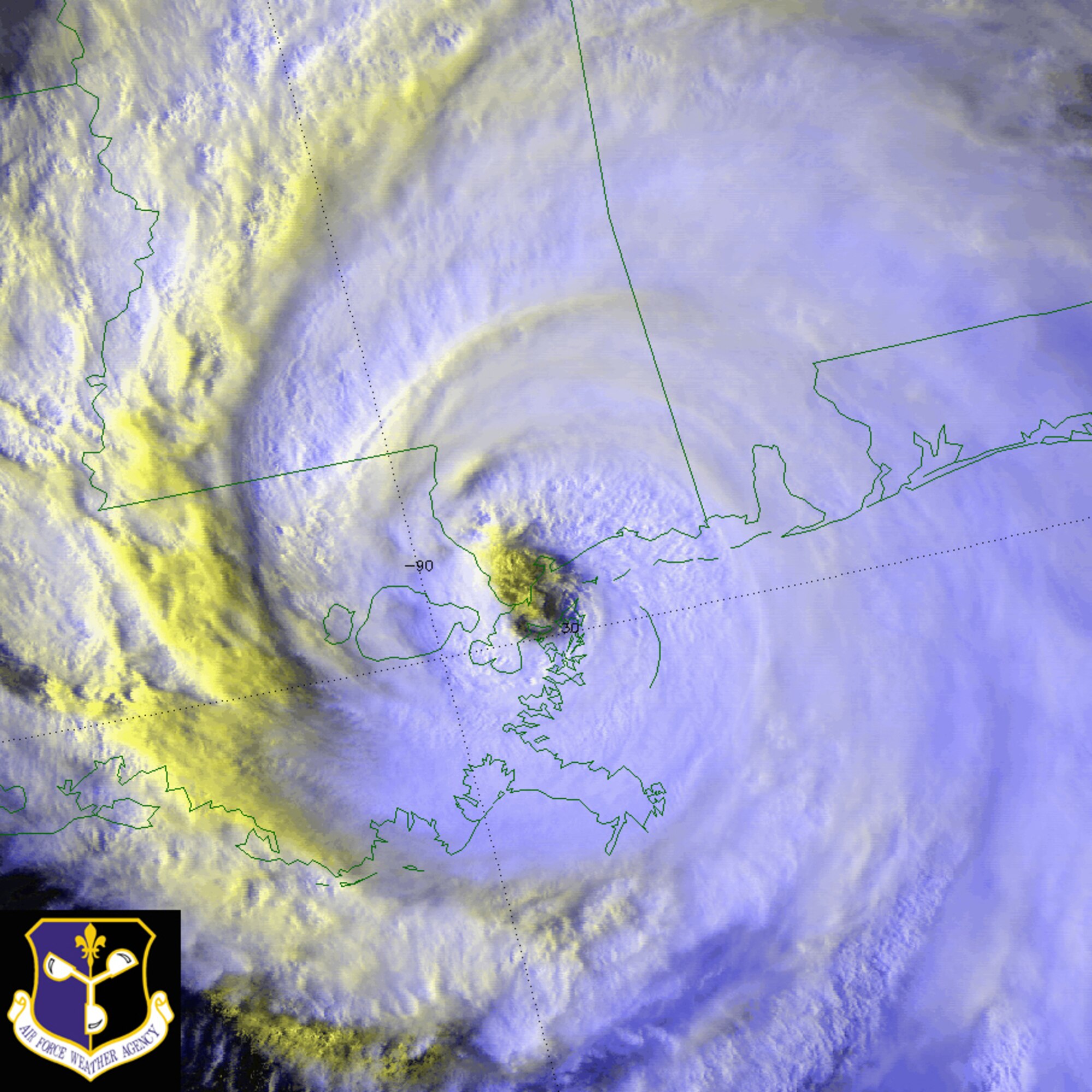 A Defense Meteorological Satellite Program satellite image of Hurricane Katrina as it made landfall on the Gulf Coast of the United States Aug. 29, 2005. The DMSP F-15 satellite provides multispectral images that use both infrared and visual satellite imagery to produce a color composite that reveals cloud depths and layers. Image courtesy of the Air Force Weather Agency. 