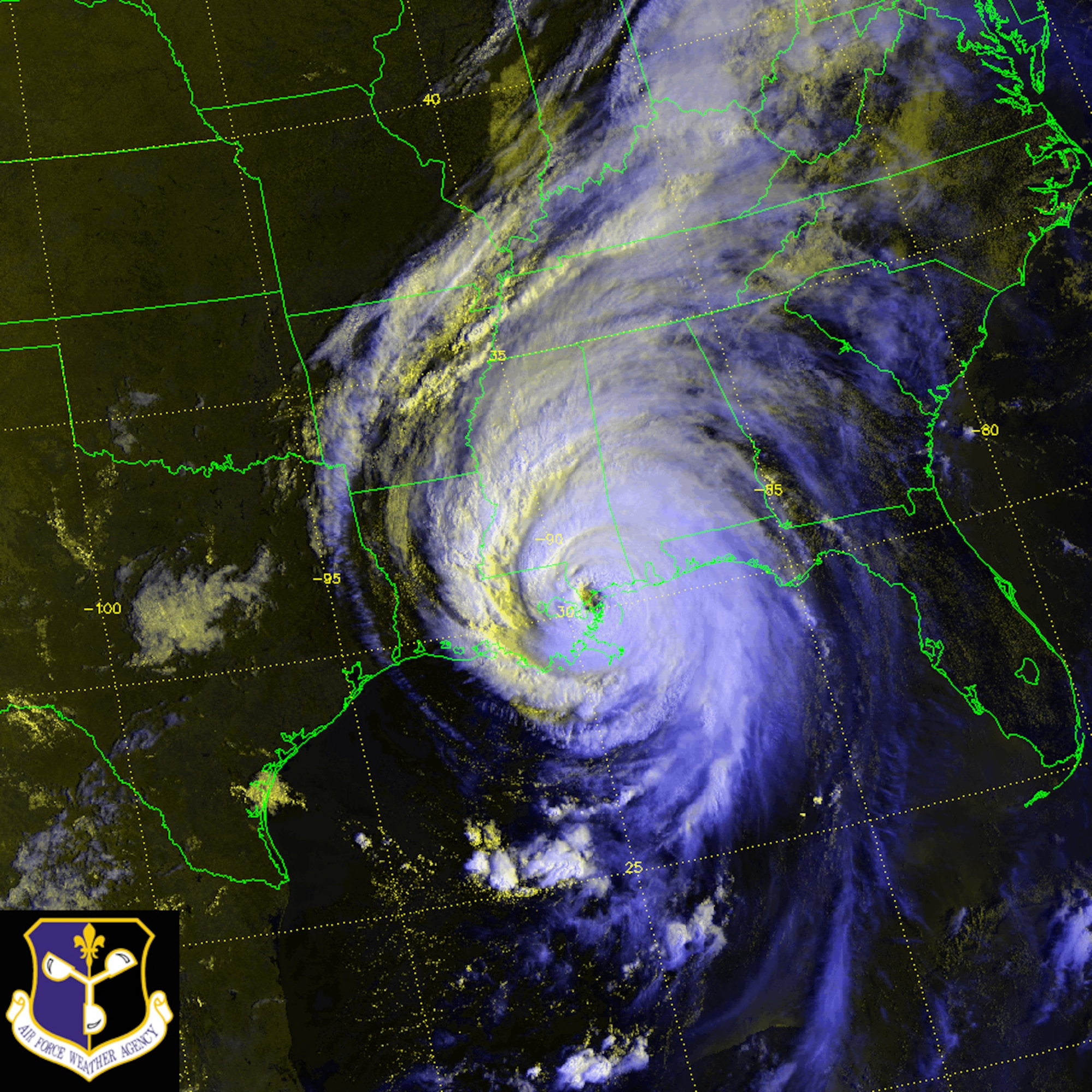 A Defense Meteorological Satellite Program satellite image of Hurricane Katrina shows the size of the storm as it made landfall on the Gulf Coast of the United States Aug. 29, 2005. The DMSP F-15 satellite provides multispectral images that use both infrared and visual satellite imagery to produce a color composite that reveals cloud depths and layers. Image courtesy of the Air Force Weather Agency. 