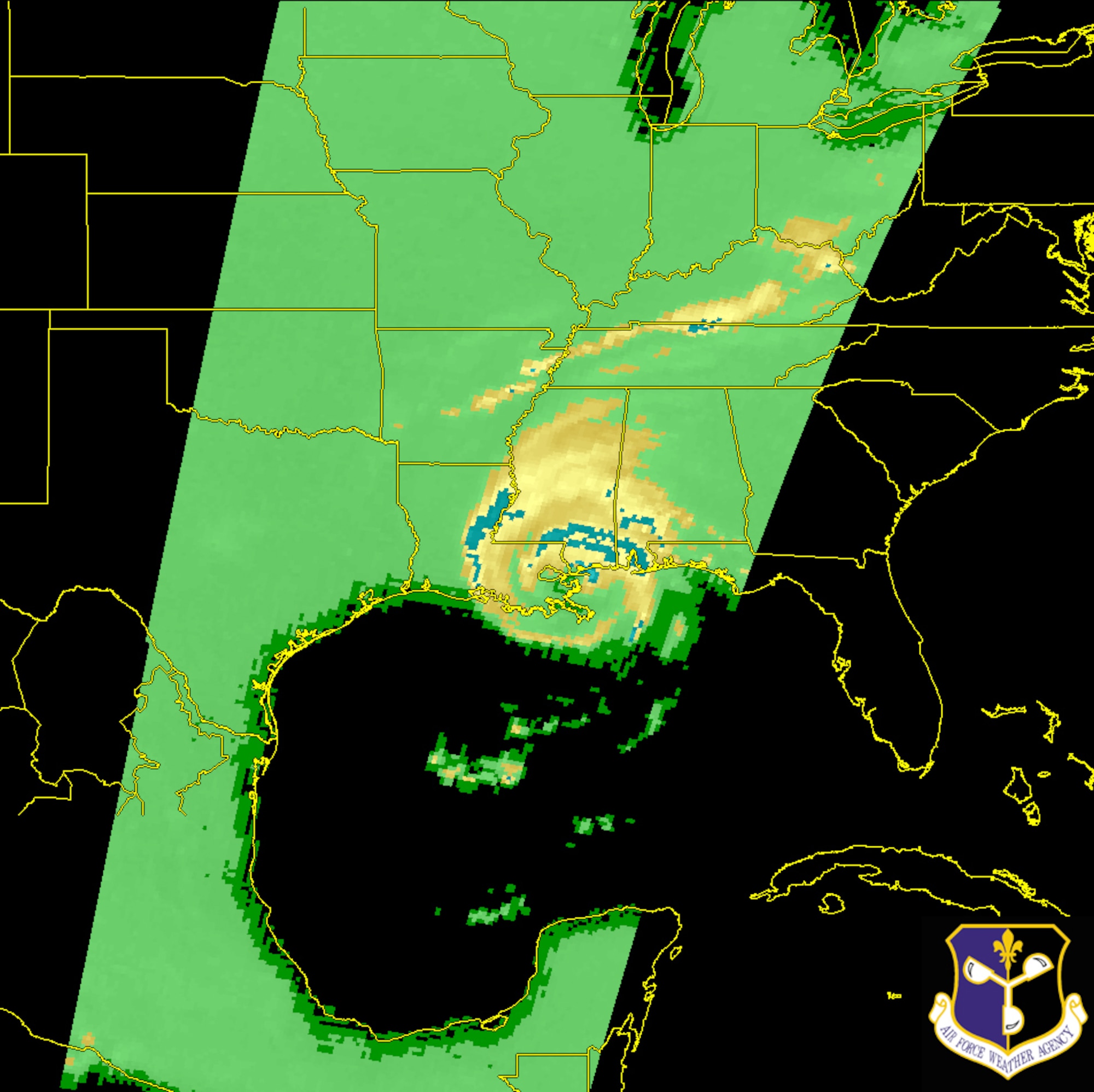 A Defense Meteorological Satellite Program satellite microwave image of Hurricane Katrina showing rainfall rates as the storm made landfall on the Gulf Coast of the United States Aug. 29, 2005. The DMSP F-15 satellite provides microwave imagery used to determine realtime rainfall rates during tropical storms. The yellow areas have rates of 1 inch per hour. The blue areas are rates of 1.5 to 2.5 inches per hour. Image courtesy of the Air Force Weather Agency. 