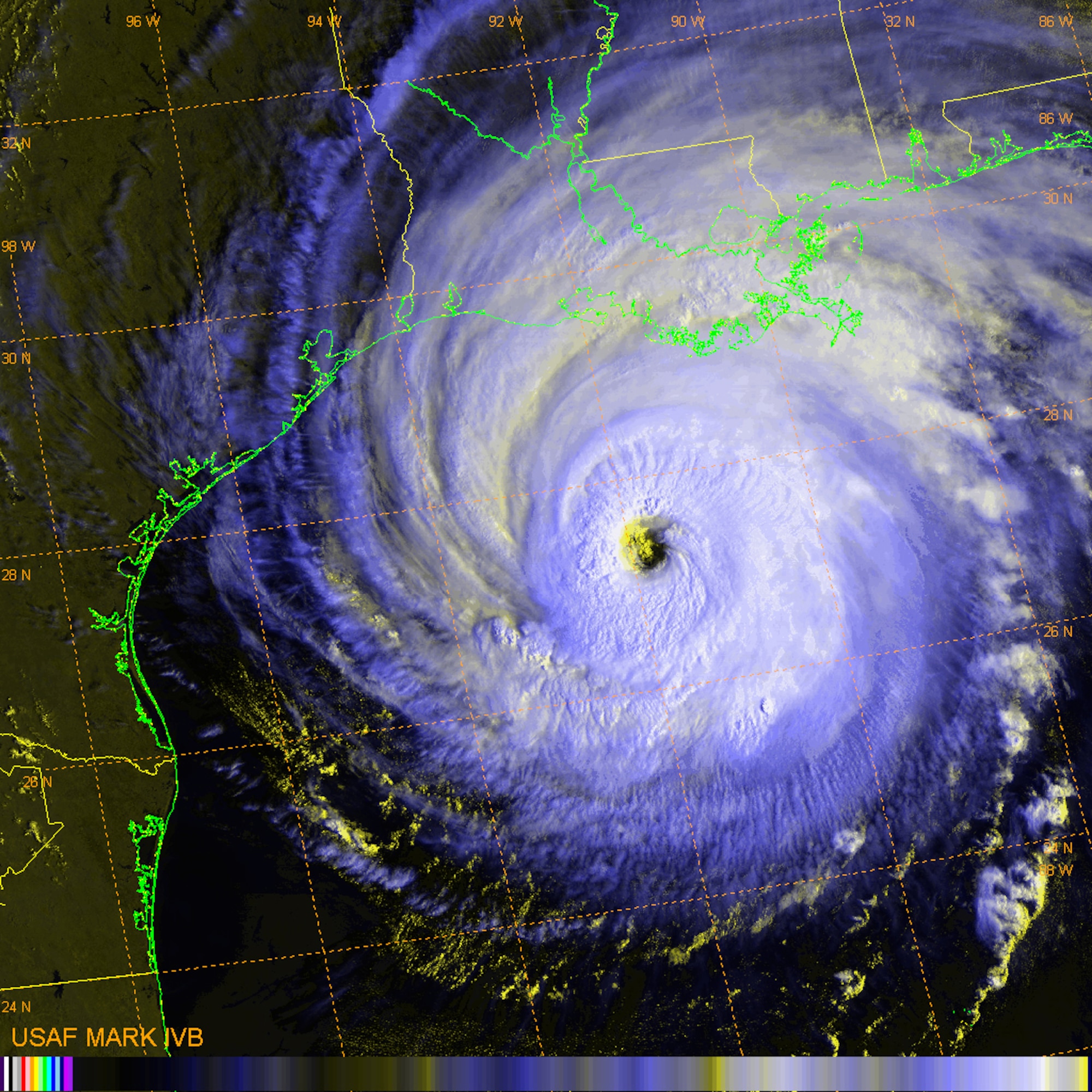 A Defense Meteorological Satellite Program satellite image of Hurricane Rita churning in the Gulf of Mexico Sep. 23, 2005. The DMSP F-15 satellite provides multispectral images that use both infrared and visual satellite imagery to produce a color composite that reveals cloud depths and layers. Image courtesy of the Air Force Weather Agency. 