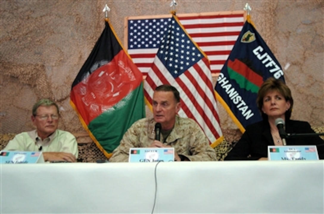 U.S. Sen. Jim Inhofe from Oklahoma, Gen. James L. Jones, North Atlantic Treaty Organization supreme allied commander, Europe, and Karen Tandy, U.S. Drug Enforcement Agency administrator, conduct a press conference at Bagram Airfield, Afghanistan, Oct. 28.