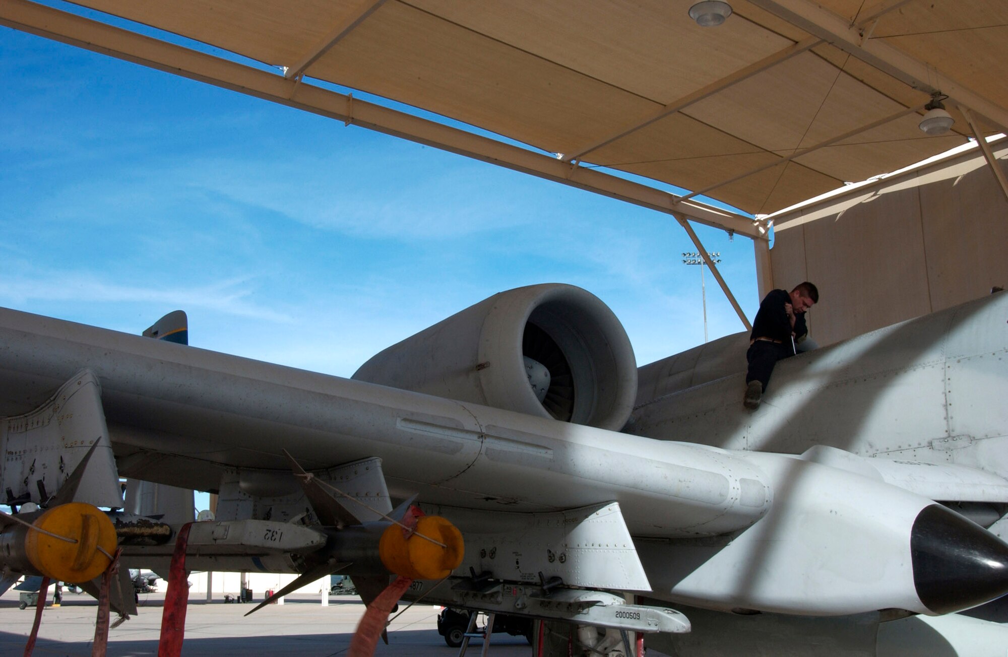 Staff Sergeant Astolfo Mercado closes a panel on an A-10 Thunderbolt II Oct. 28 on the flightline of Davis-Monthan Air Force Base, Ariz.  Sergeant Mercado is a crew chief from the 355th Aircraft Maintenance Squadron.  (U.S. Air Force photo/Airman 1st Class Alesia Goosic)