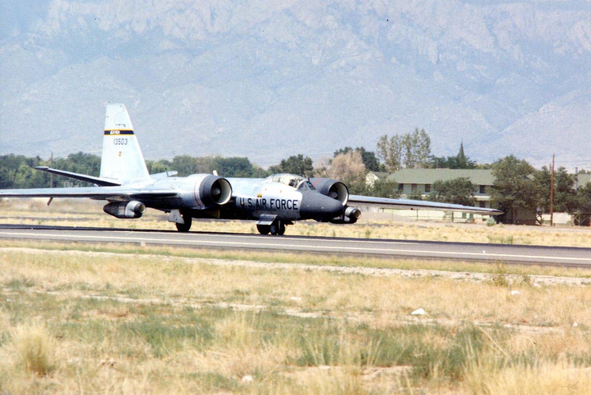 General Dynamics WB-57F Canberra taxiing (S/N 63-13286). Originally, aircraft was B-57B, S/N 52-1589. This was the first RB-57F converted. (U.S. Air Force photo)