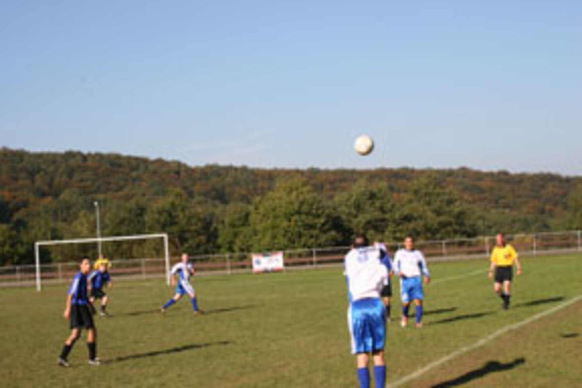 Johnny Jaworek, Incirlik Men's Soccer Team captain, throws the ball in against the 501st Combat Support Wing team from RAF Mildenhall, England, Oct. 18. The Incirlik Men's Soccer Team went 1-3-1 in the U.S. Air Forces in Europe Soccer Tournament at Sembach Air Base, Germany, Oct. 16 to 20. (U.S. Air Force photo by Senior Airman Tim Beckham)
