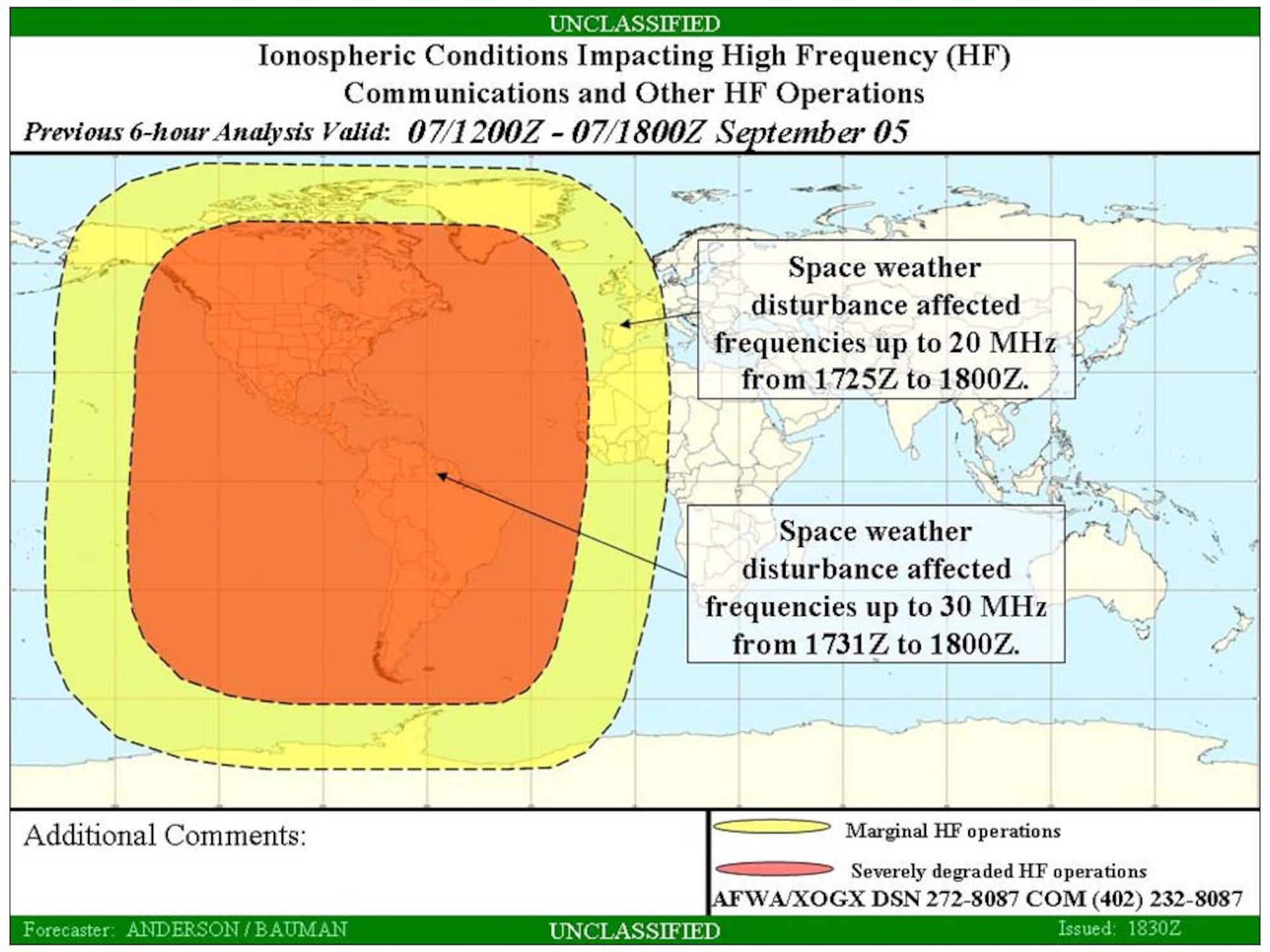A record-level solar flare erupted Sept. 7, 2005, disrupting high-frequency communication for the flare's duration. Notifications included geographic locations and levels of radio frequencies that would potentially be affected.