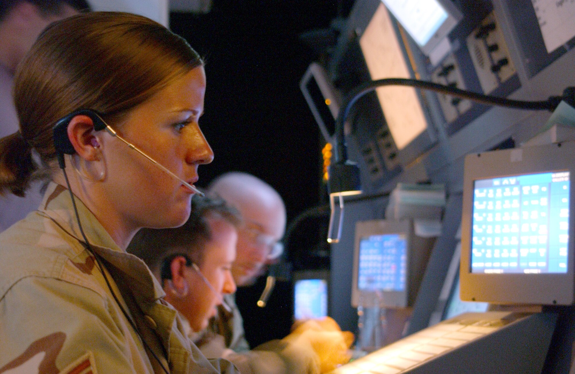 Staff Sgt. Brandi Cannedy tracks aircraft on her scope at Balad Air Base, Iraq, Aug. 30. Transportable radar approach control Airmen monitor all aircraft, military or civilian, in central Iraq. (U.S. Air Force photo/Senior Airman James Croxon)
