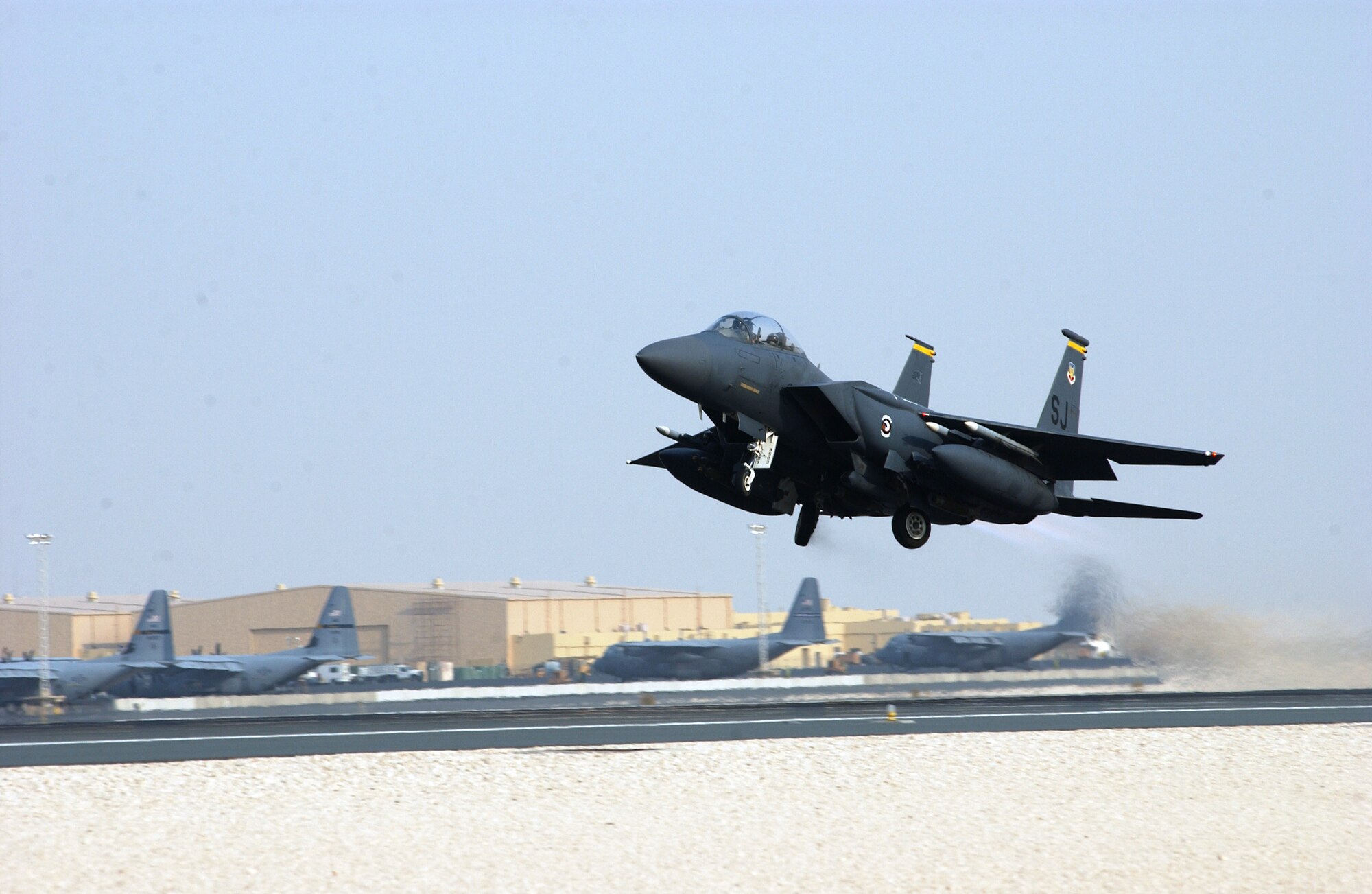 An F-15E Strike Eagle from the 335th Fighter Squadron takes off from a forward-operating base in Southwest Asia Sept. 3. (U.S. Air Force photo/Master Sgt. John DeGroot) 
