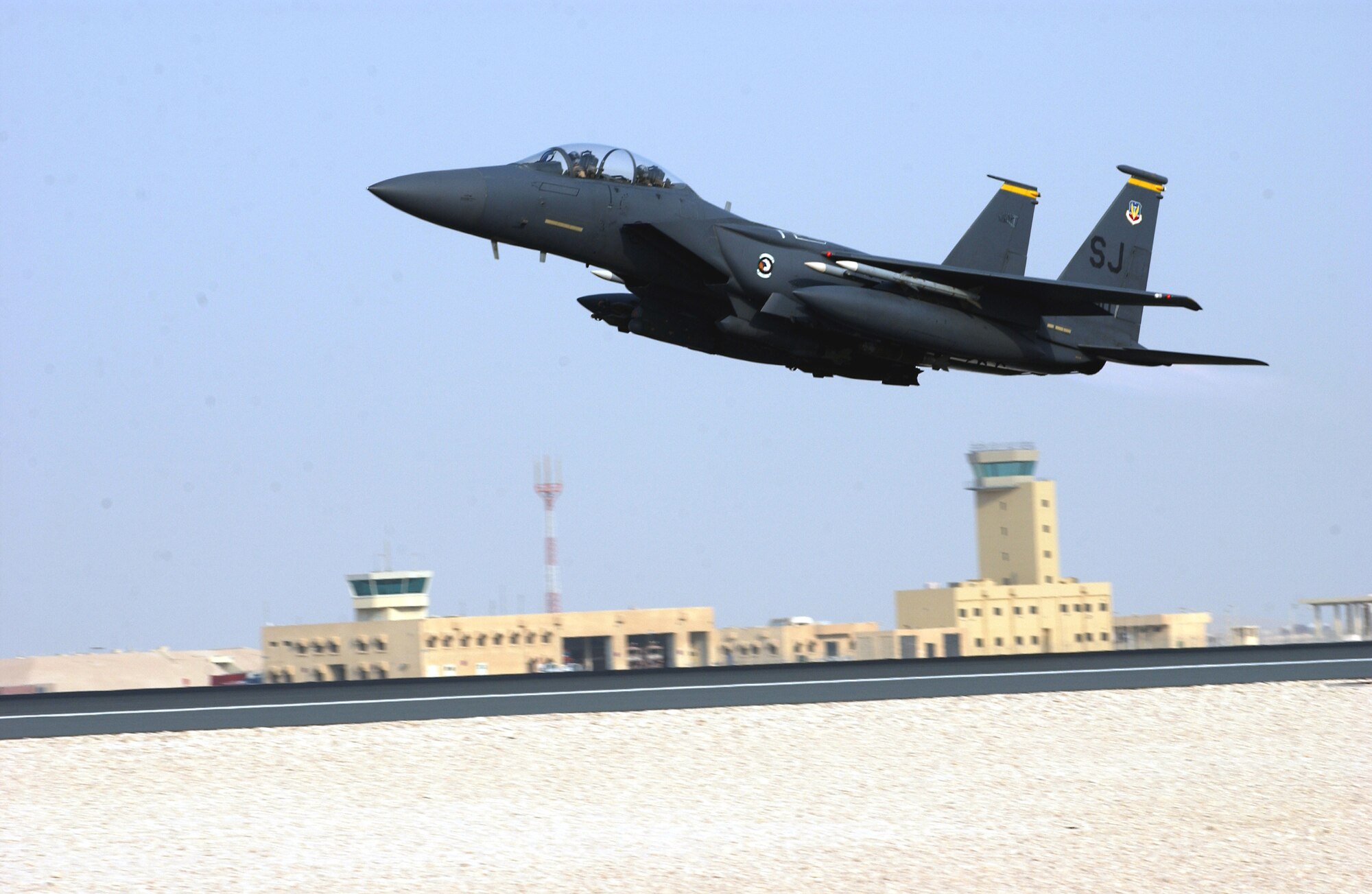 An F-15E Strike Eagle from the 335th Fighter Squadron takes off from a forward-operating base in Southwest Asia Sept. 3. (U.S. Air Force photo/Master Sgt. John DeGroot)