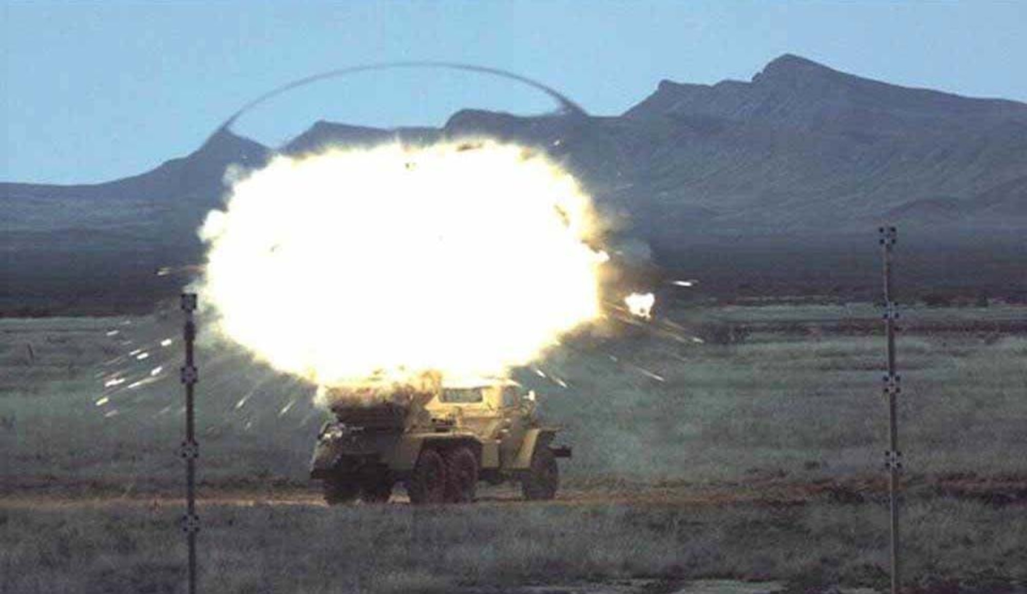 A GBU-39/B Small Diameter Bomb I strikes a BM-21 rocket launcher during a test at White Sands Missile Range, N.M., in 2005. SDB I will be integrated on the F-15E Strike Eagle first, and is being delivered to combat units through the world for use in the war on terrorism. (Courtesy photo)