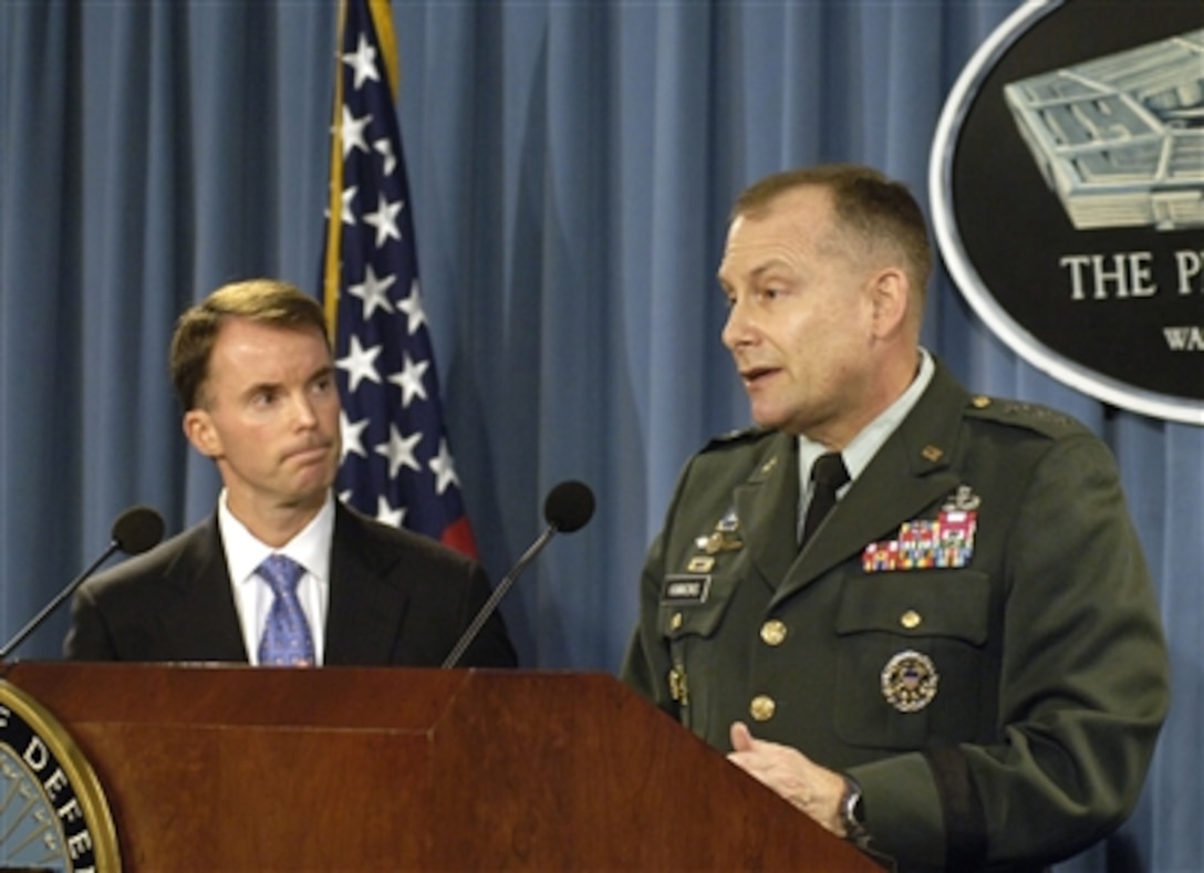 Assistant Secretary of Defense for Detainee Affairs Cully Stimson (left) and Deputy Chief of Staff for Intelligence Lt. Gen. John Kimmons (right), U.S. Army, brief reporters on the adoption of two new documents governing the handling of detainees in U.S. Department of Defense custody during a Pentagon press conference on Sept. 6, 2006.  Department of Defense Directive 2310.01E and Army Field Manual 2-22.3 will provide plainly worded doctrinal guidance across the full range of human intelligence collection operations.  