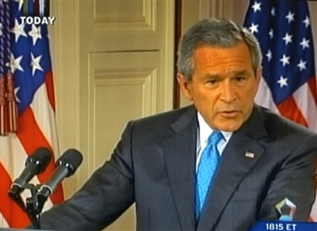 President Bush discusses the creation of military commissions to try suspected terrorists during a speech at the White House today. He announced the transfer of 14 high-value terrorist detainees from CIA custody to confinement at the Defense Department’s detention facility at Guantanamo Bay, Cuba.