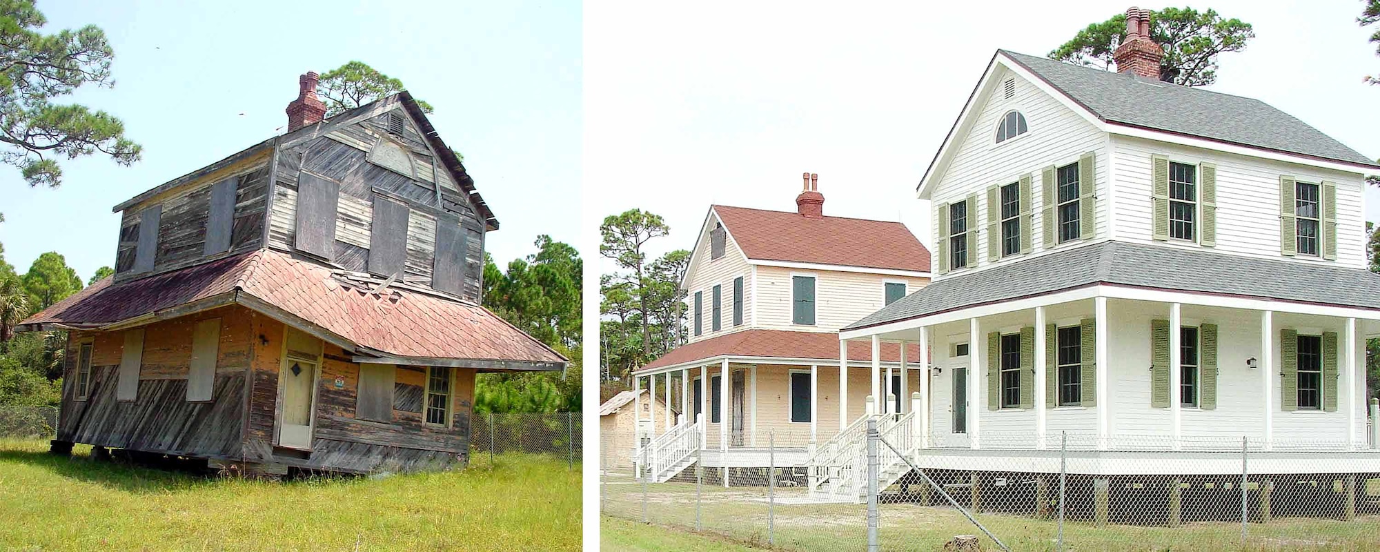 Harsh weather ravaged the Cape San Blas keepers' quarters (left) over the years.  That building and one other, located on a portion of Eglin Air Force Base, Fla., were both restored to their original appearance.  The base's Cultural Resources Branch received a Florida Preservation Award for the restoration effort.  (Courtesy photos/Lynn Shreve and Sandy Nelson)
