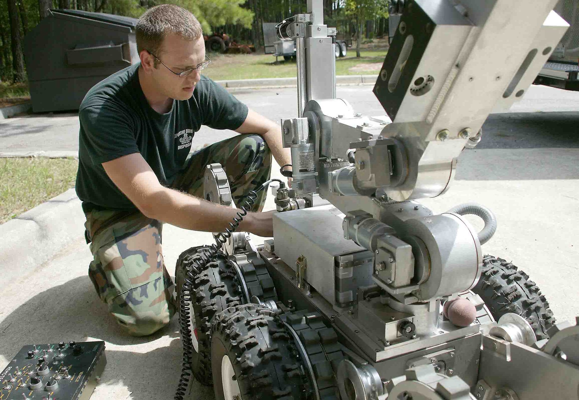 Senior Airman James Knight, 20th Civil Engineer Squadron explosive ordnance disposal technician, prepares a robot for training in reconnaissance. (U.S. Air Force photo/Senior Airman John Gordinier)
