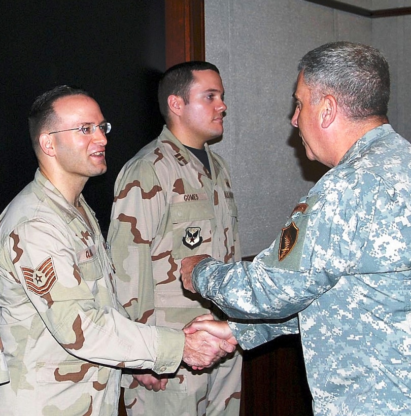 Commander of U.S. Central Command, Army General John Abizaid recognizes Homestead reservist and 482nd Fighter Wing historian Tech. Sgt. Robert Clark for his outstanding performance.  Sergeant Clark is currently deployed to the Middle East performing as the USCENTCOM Command Historian Forward. (Courtesy photo)