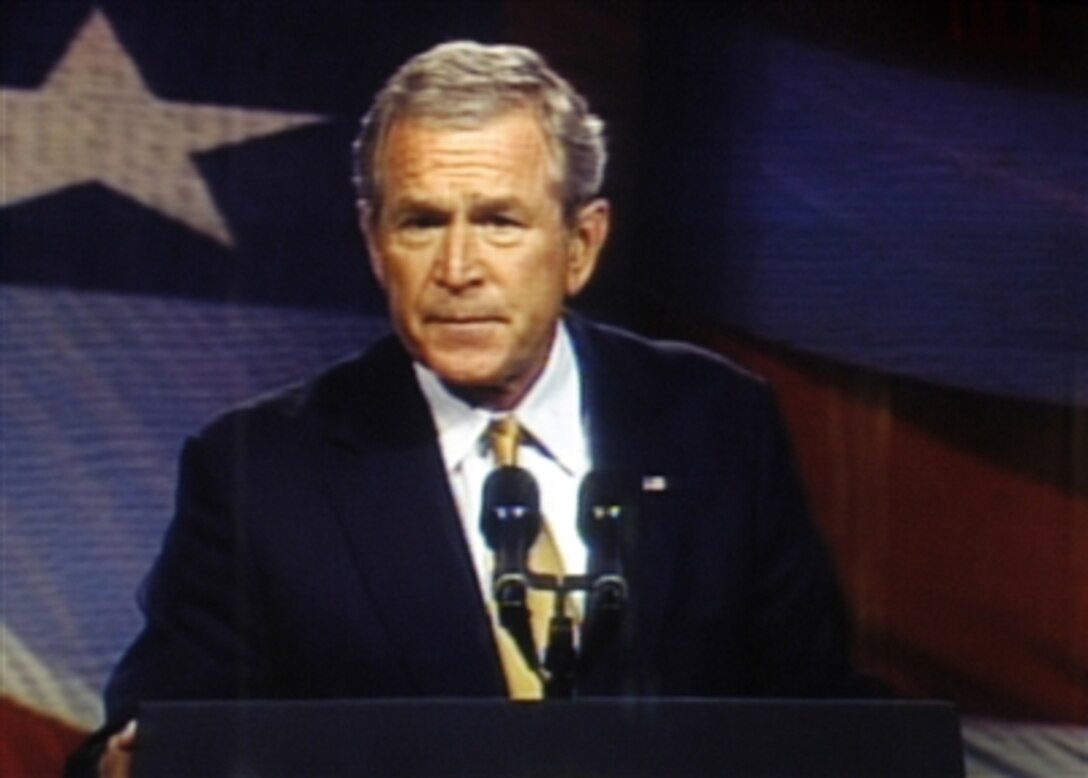 President Bush delivers  a progress report on counterterrorism efforts during a speech today in Marietta, Ga. He addressed the steps taken to fix security gaps and the importance of the war against terrorists in Afghanistan and Iraq.