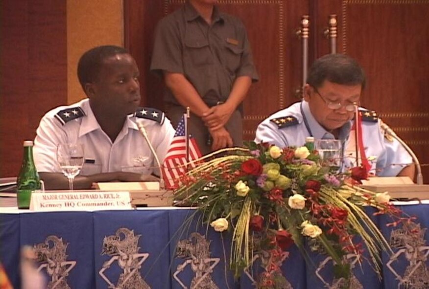 . Gen Edward A. Rice, Jr., Kenney Headquarters commander, and Air Vice Marshal Edy Harjoko, Indonesian Air Force, co-hosted the PACRIM Airpower Symposium, held Sept. 4-8 in Jarkarta Indonesia.  Forty nine participates from 19 nations attended.  The symposium endeavors to build and enhance cooperation among the air forces of Pacific nations.  Co-hosted by the Indonesian Air Force and U.S. Pacific Air Forces' Kenney Headquarters, this year's event included the most participating nations since the series was instituted more than 10 years ago.  Delegations from Australia, Bangledesh, Brunei, Canada, Fiji, India, Indonesia, Japan, Republic of Korea, Madagascar, Malaysia, Mongolia, Nepal, New Zealand, Philippines, Singapore, Sri Lanka, Thailand, and the United States attended.