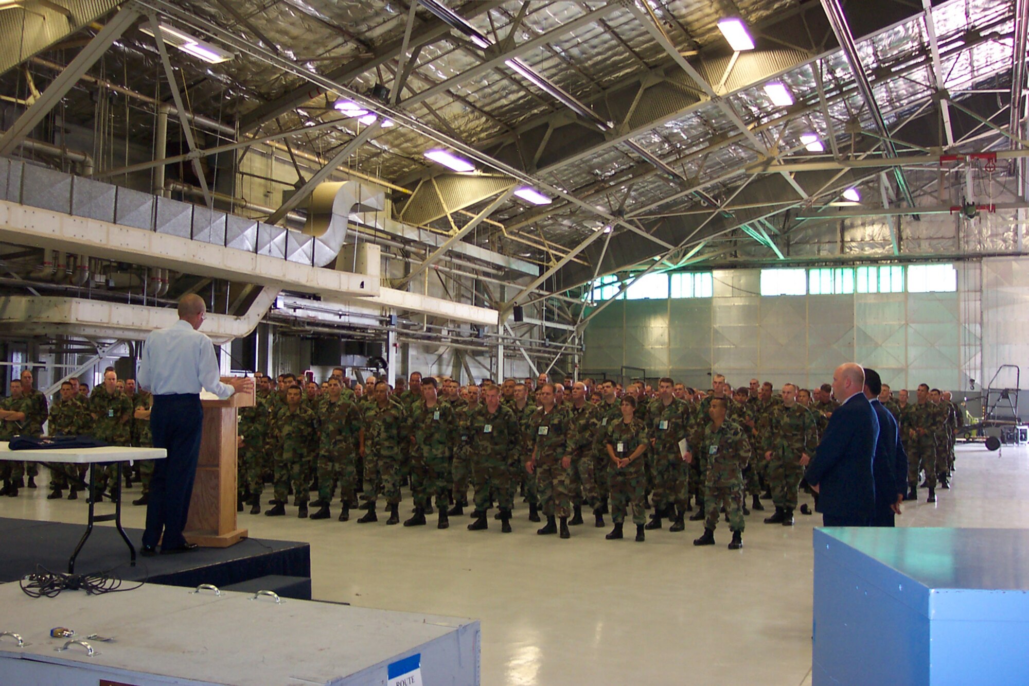 Air Force reservists from the 419th Maintenance Group, gather in the hanger for a group commander's call during the July Unit Training Assembly. This was likely the last time a reserve military formation will gather in the historic building. (U.S. Air Force Photo/Master Sgt. Larry Hunt)