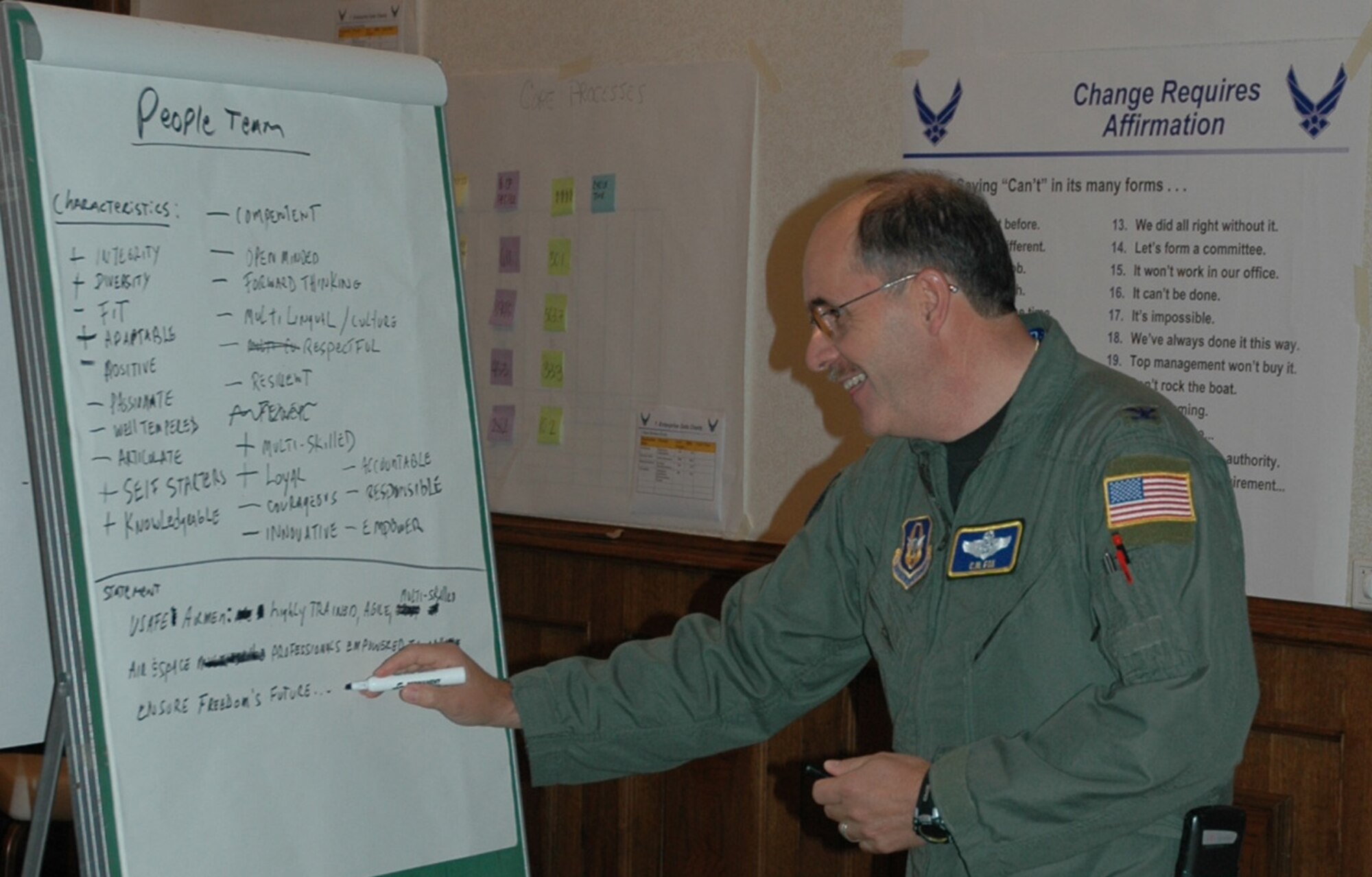 Col. Charles Fox records inputs at a breakout session during a three-day meeting of U.S. Air Forces in Europe leaders designed to help USAFE-wide implementation of Air Force Smart Operations for the 21st Century. AFSO 21 focuses on the identification and elimination of activities that do not contribute to efficient Air Force operations. Colonel Fox is a reservist who serves as the USAFE mobilization assistant to the director of air and space operations. (U.S. Air Force photo/Col. Susan Strednansky)