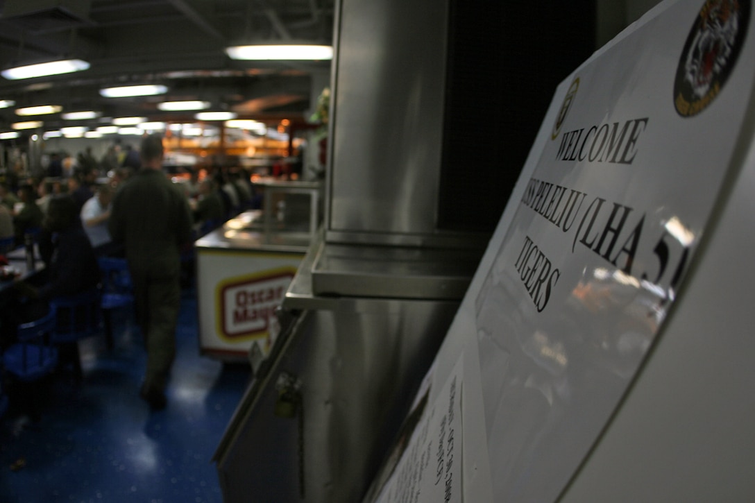 ABOARD USS PELELIU (LHA 5) (Oct. 29, 2008) -- Marines with the 15th Marine Expeditionary Unit and "Tigers" sit in the mess decks during an ice cream social as part of "Operation Tiger Cruise". ::r::::n::   Operation Tiger Cruise is a program which brings civilian friends and family of deployed Marines and Sailors for the final leg of a deployment from Pearl Harbor, Hawaii to San Diego, Calif. aboard U.S. Navy vessels.::r::::n::   During Tiger Cruise, Tigers see the day-to-day operations their service members experience during deployment, including eating in the mess decks and sleeping in troop berthing. ::r::::n::    The Camp Pendleton, Calif. based 15th MEU is comprised of approximately 2,200 Marines and Sailors and is a forward deployed force of readiness capable of conducting numerous operations, such as Non-Combatant Evacuation Operations, Humanitarian Assistance Operations and a wide range of amphibious missions. ::r::::n::   The 15th MEU is currently on the final leg of deployment. (Official USMC photo by Cpl. Timothy T. Parish) (Released)::r::::n::