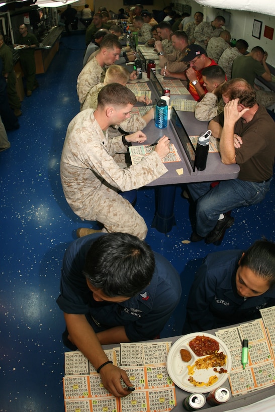 ABOARD USS PELELIU (LHA 5) (Oct. 30, 2008) -- Sailors with the USS Peleliu (LHA 5), Marines with the 15th Marine Expeditionary Unit and "Tigers" play bingo in the mess decks aboard USS Peleliu (LHA 5).::r::::n::   Operation Tiger Cruise is a program which brings civilian friends and family of deployed Marines and Sailors for the final leg of a deployment from Pearl Harbor, Hawaii to San Diego, Calif. aboard U.S. Navy vessels.::r::::n::   During Tiger Cruise, Tigers see the day-to-day operations their service members experience during deployment, including eating in the mess decks and sleeping in troop berthing. ::r::::n::    The Camp Pendleton, Calif. based 15th MEU is comprised of approximately 2,200 Marines and Sailors and is a forward deployed force of readiness capable of conducting numerous operations, such as Non-Combatant Evacuation Operations, Humanitarian Assistance Operations and a wide range of amphibious missions. ::r::::n::   The 15th MEU is currently on the final leg of deployment. (Official USMC photo by Cpl. Timothy T. Parish) (Released)::r::::n::