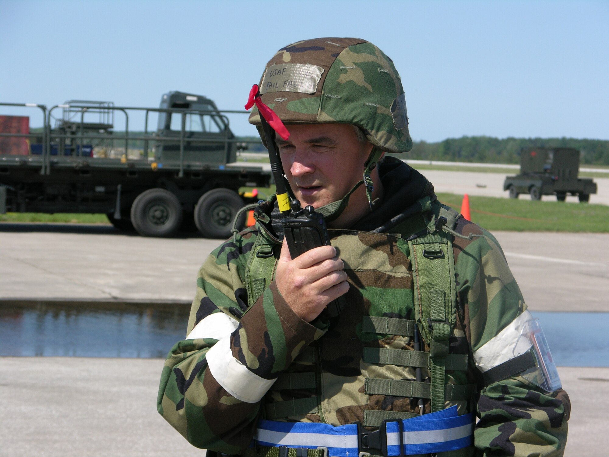 Col. Phil Fallin talks to the command center during the Operational Readiness Inspection. During the ORI Colonel Fallin was the commander of the 612th Air Expeditionary Wing. Here at the 916th Air Refueling Wing he is the vice commander.