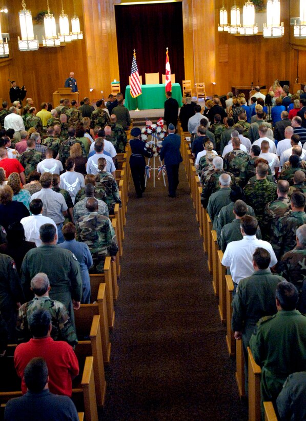 More than four hundred military and civilian personnel attended a special remembrance ceremony Sept. 11 at the Tyndall Air Force Base, Fla., chapel to commemorate the victims and heroes of the 9/11 attacks. (U.S. Air Force photo/Tech. Sgt. Cecilio Ricardo Jr.)