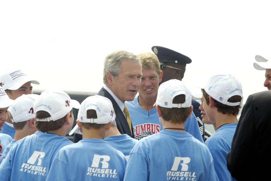 President George W. Bush landed at Dobbins Air Reserve Base, Ga., on Thursday, Sept. 7, on his way to a speech at the Cobb Galleria in Atlanta.  Following his speech at the Galleria the President met with the Columbus, Ga., Little League World Series winners. The group met the President at Air Force One, shook his hand, got is autograph and presented him with their team's ball cap. The winners had the hats embroidered specially for the President and the First Lady.  President Bush departed Dobbins ARB the same day. The Columbus little leaguers remained at the base for a short tour of a C-130, a fire truck and lunch at the Consolidated Club.