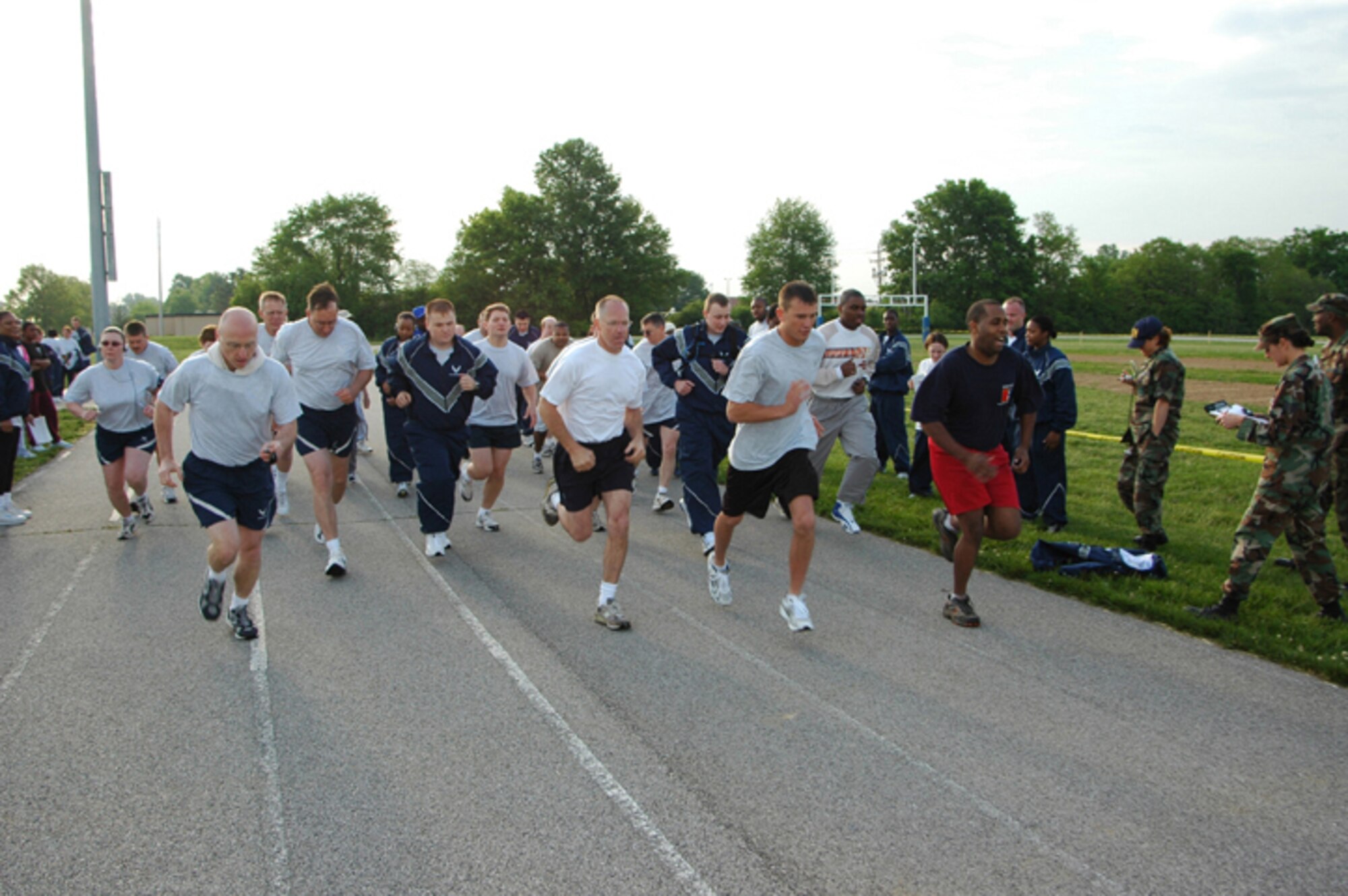 SCOTT AIR FORCE BASE, Ill. - Physical training was on everyone's task list last month as Air Force Reserve Command's 932nd Medical Squadron members completed their run, push ups and sit ups at the Scott AFB track. U.S. Air Force photo/Tech. Sgt. Christopher Parr